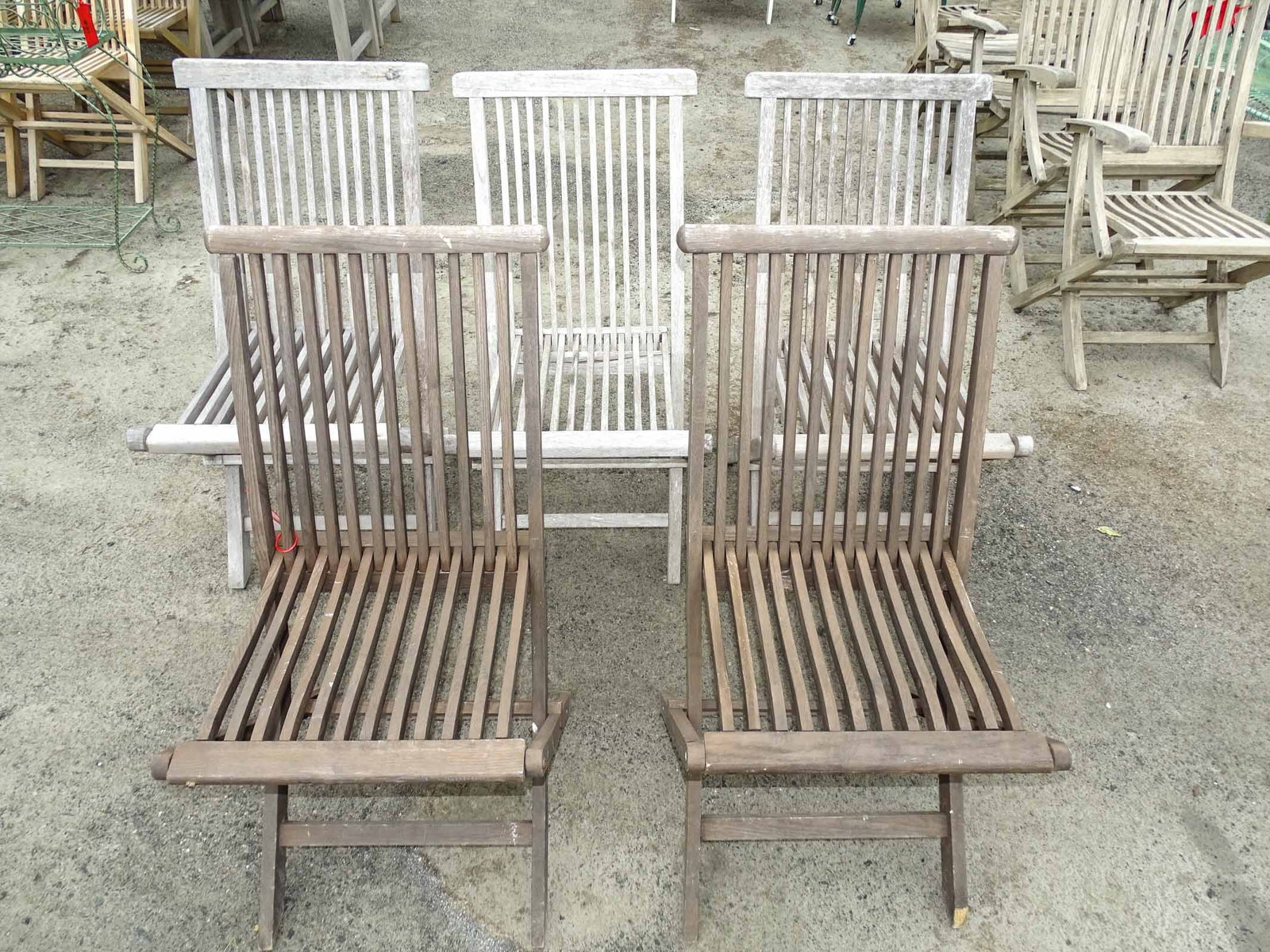 Set of Teak Chairs: Set of (5) teak folding chairs. (2) have different patinas.
