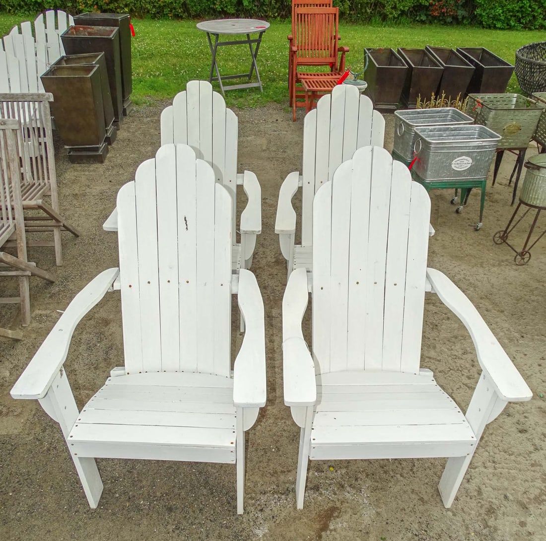 Set of Adirondack Chairs: Set of (4) Adirondack chairs in white paint. One arm broken.