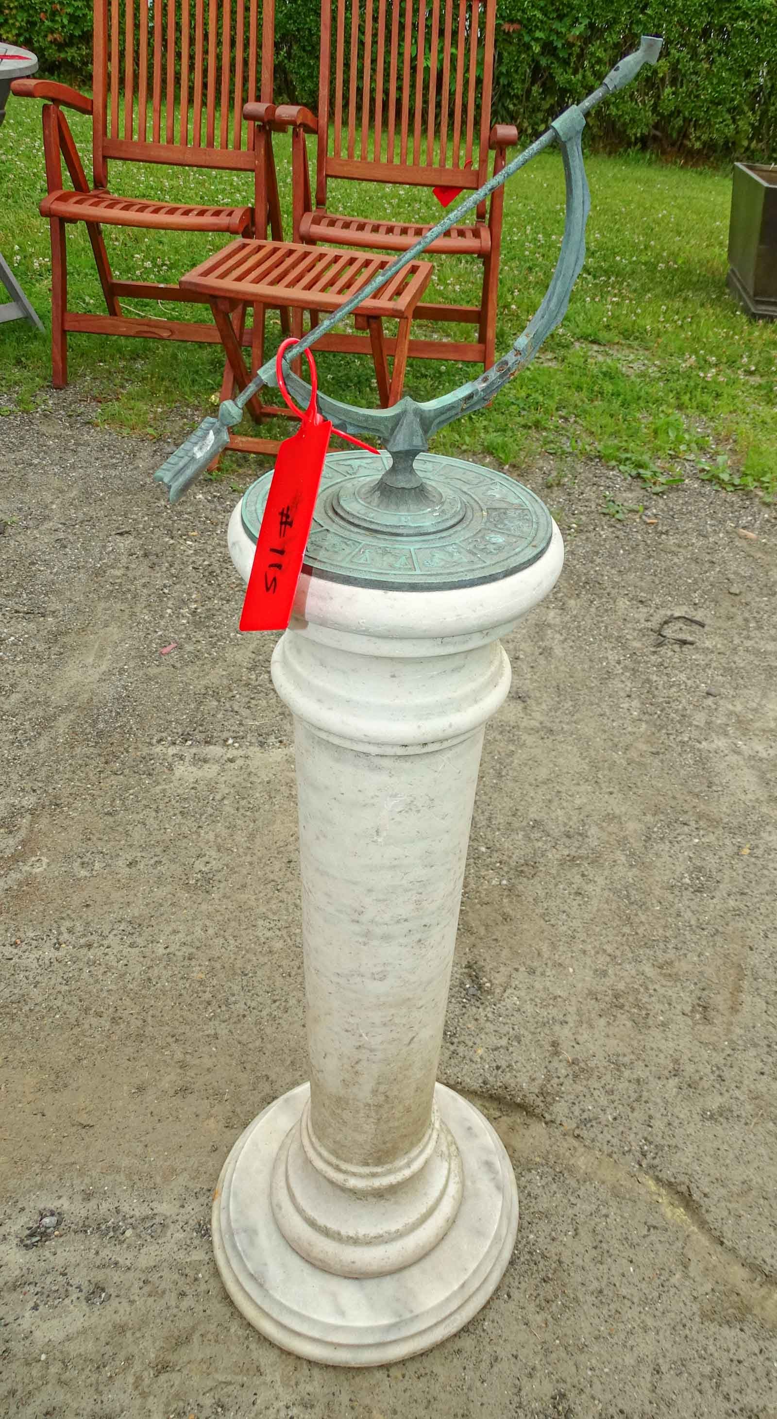 Bronze Sundial on Marble Base: Bronze sundial on marble base. 46" Ht..