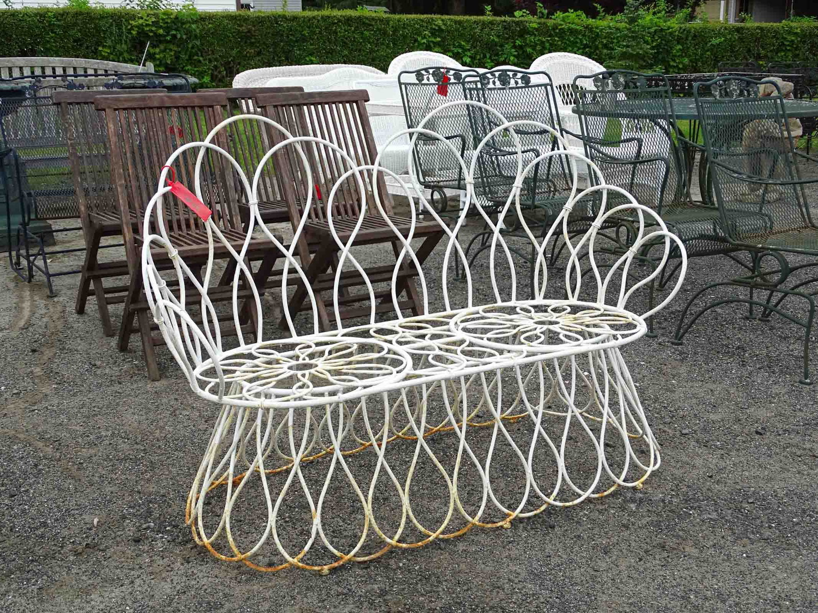 Wrought Iron Bench: Wrought iron bench in white paint. 51" W.