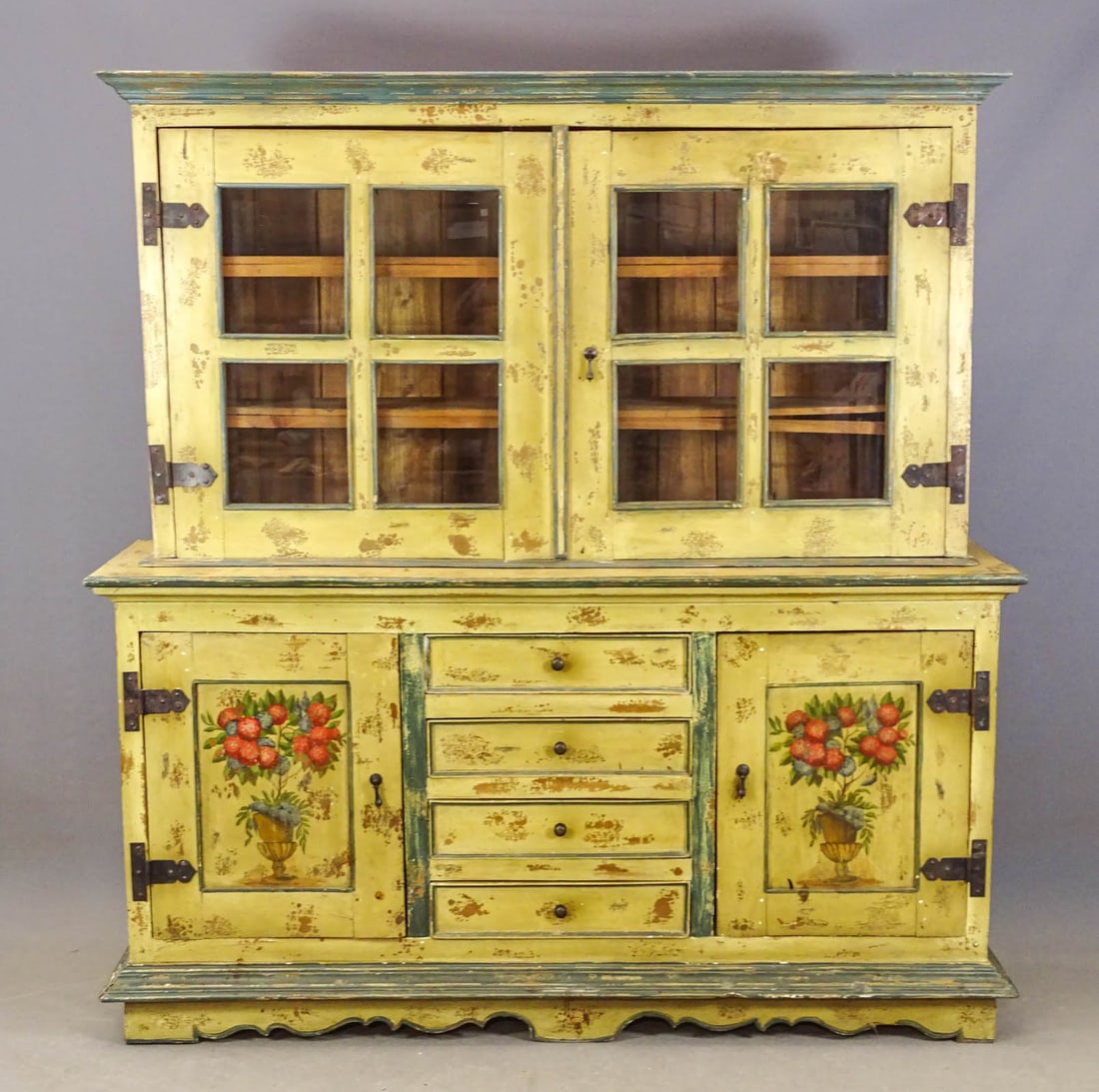 French Style Wall Cupboard: French style painted two part wall cupboard. Top has glass doors, (4) drawers flanked by two doors. 74" x 19" x 79 1/2' Ht..
