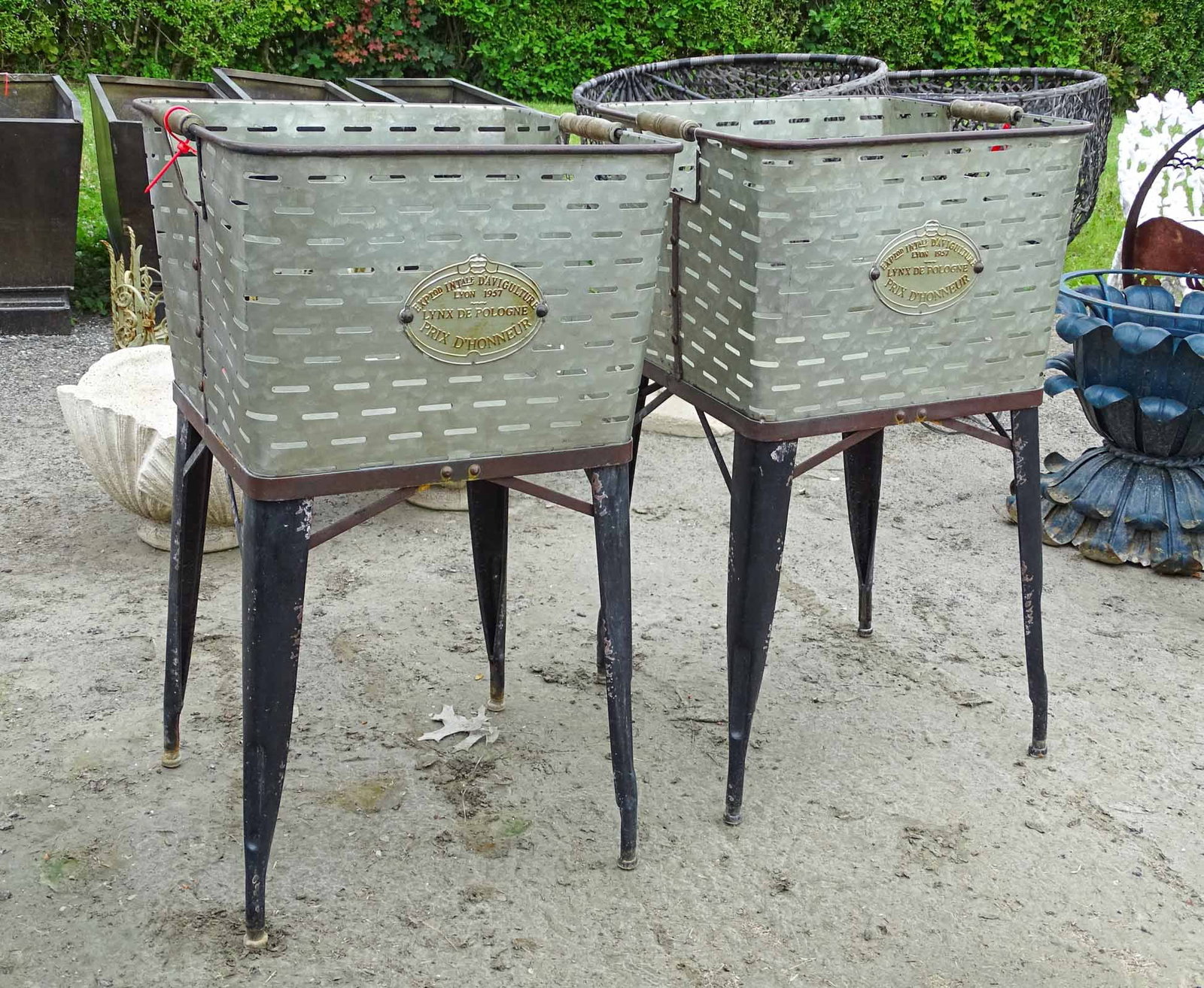 Pair Planters: Pair of French style metal planters. 16" W., 29" Ht..
