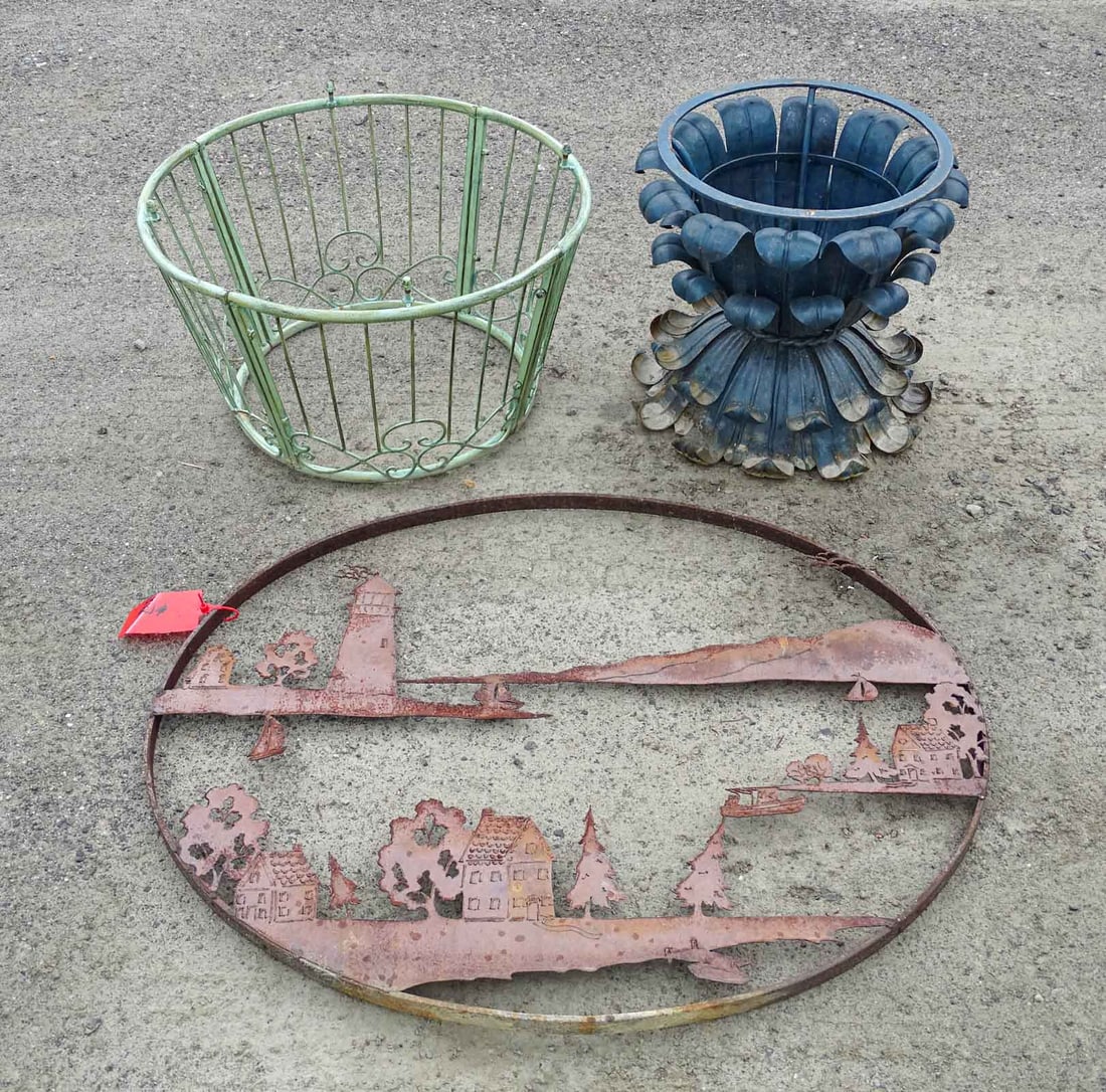 Misc. Lot: Misc. lot including: Wrought iron urn, planter basket, metal sign.