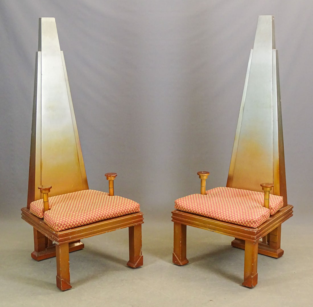 Frank Siciliano Thebes Chairs: Pair of impressive C. 1980 Frank Siciliano Thebes chairs. Marked '83, 3/4 and 4/4. Solid cherry. 19" seat Ht., 67" overall Ht..