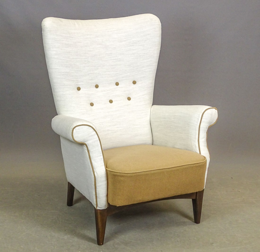 Danish Chair: MCM Danish high-back chair. New foam and fabric. 33" x 24" x 30" Ht..