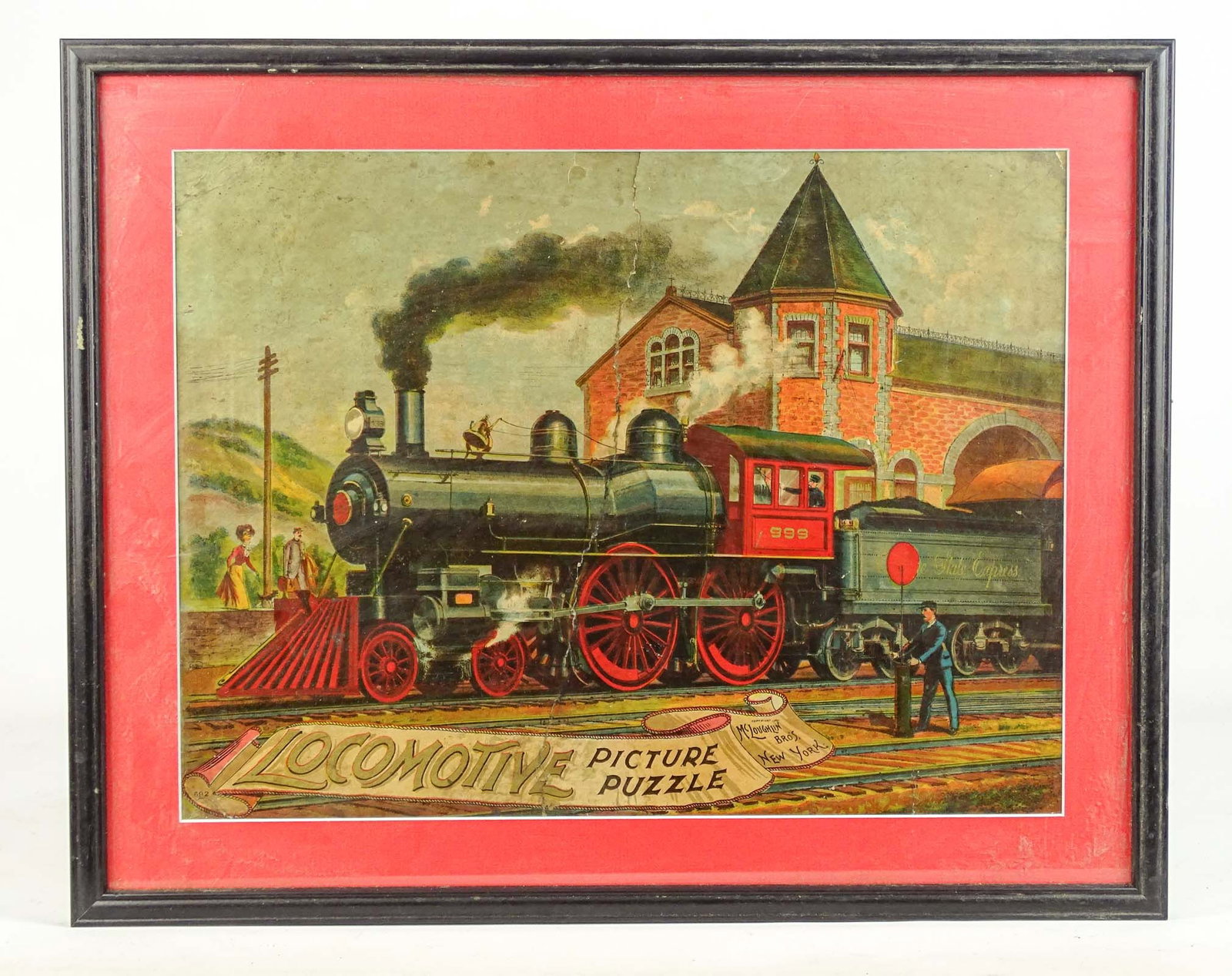 Framed Game Board: Framed game board "LOCOMOTIVE PICTURE PUZZLE". Overall in frame 17" x 21".