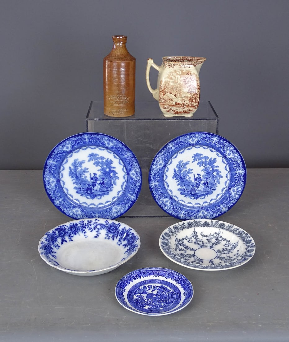 Misc. Lot: Lot including: Stoneware beer bottle marked London (7 1/2" Ht.), early pitcher marked "Old Mall" (5 1/2" Ht.), (5) pieces early blue and white china.