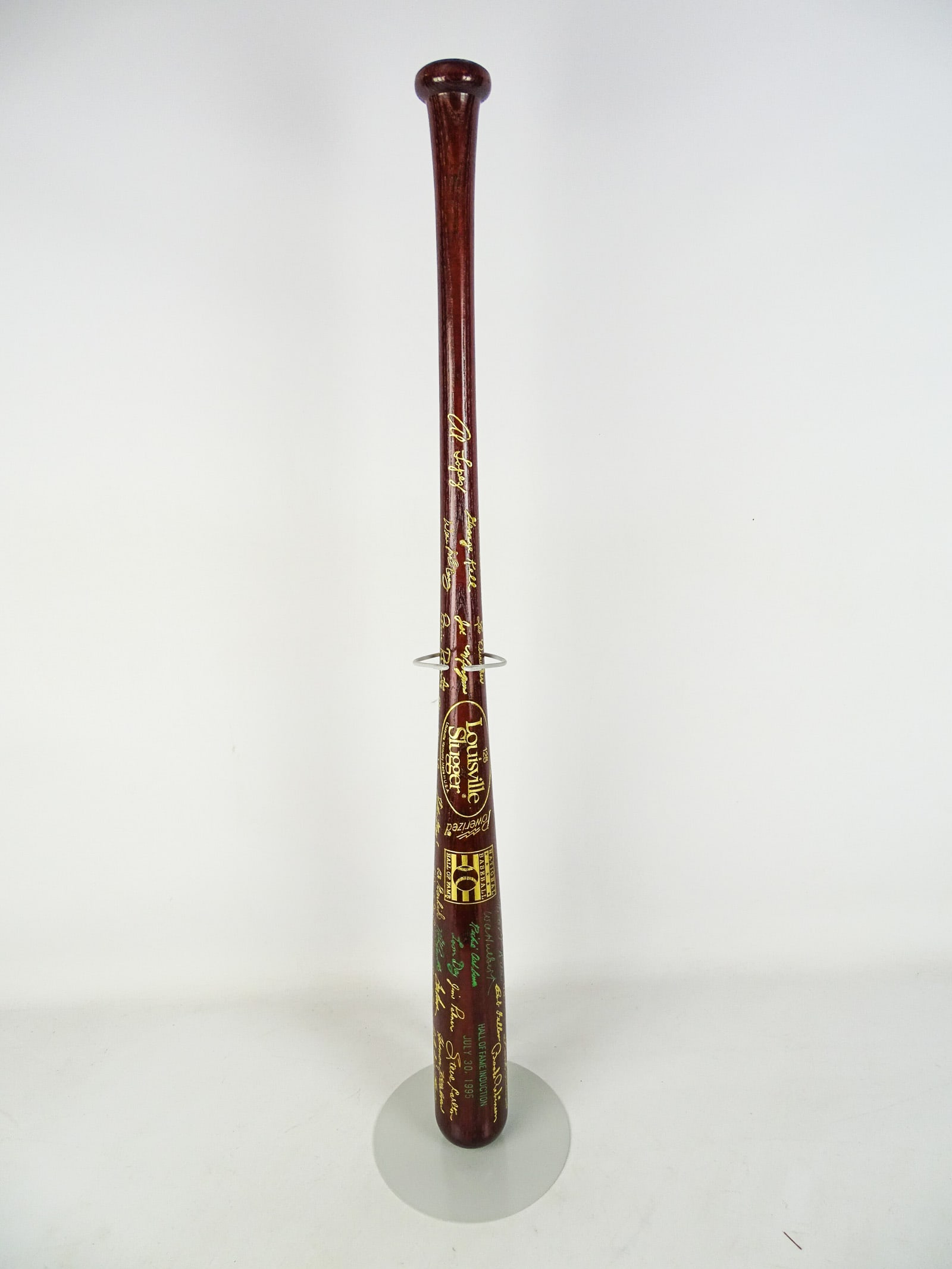 Autographed Baseball Bat: 1995 Hall of Fame autographed baseball bat including: Richie Ashburn, Leon Day, William Hulbert, Mike Schmidt, Vic Willis…".