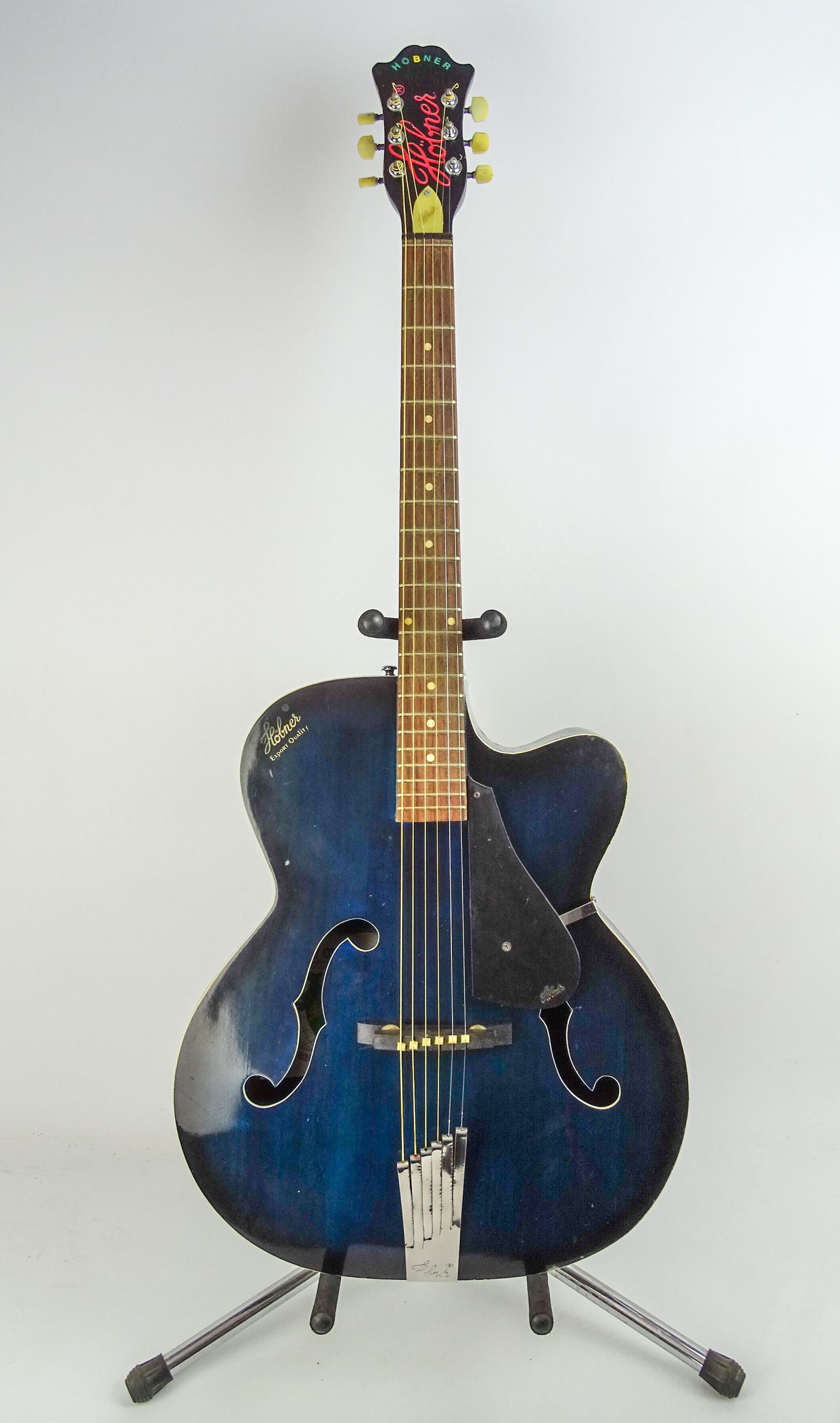 Hobner Archtop Acoustic Guitar: Hobner archtop acoustic guitar. "265 Export". Rosewood fingerboard. Made in India C. 1970's. With gig bag. 43" L..