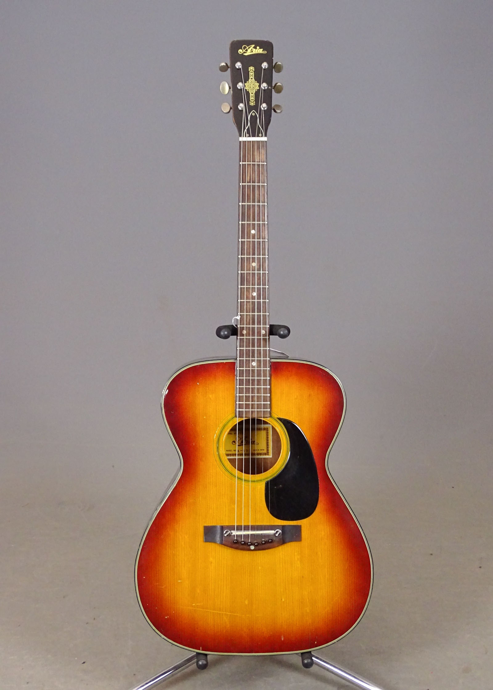 Aria Acoustic Guitar: Aria, model A-693 acoustic guitar, C. 1960s-70s. Serial # 455, made in Japan. With case.