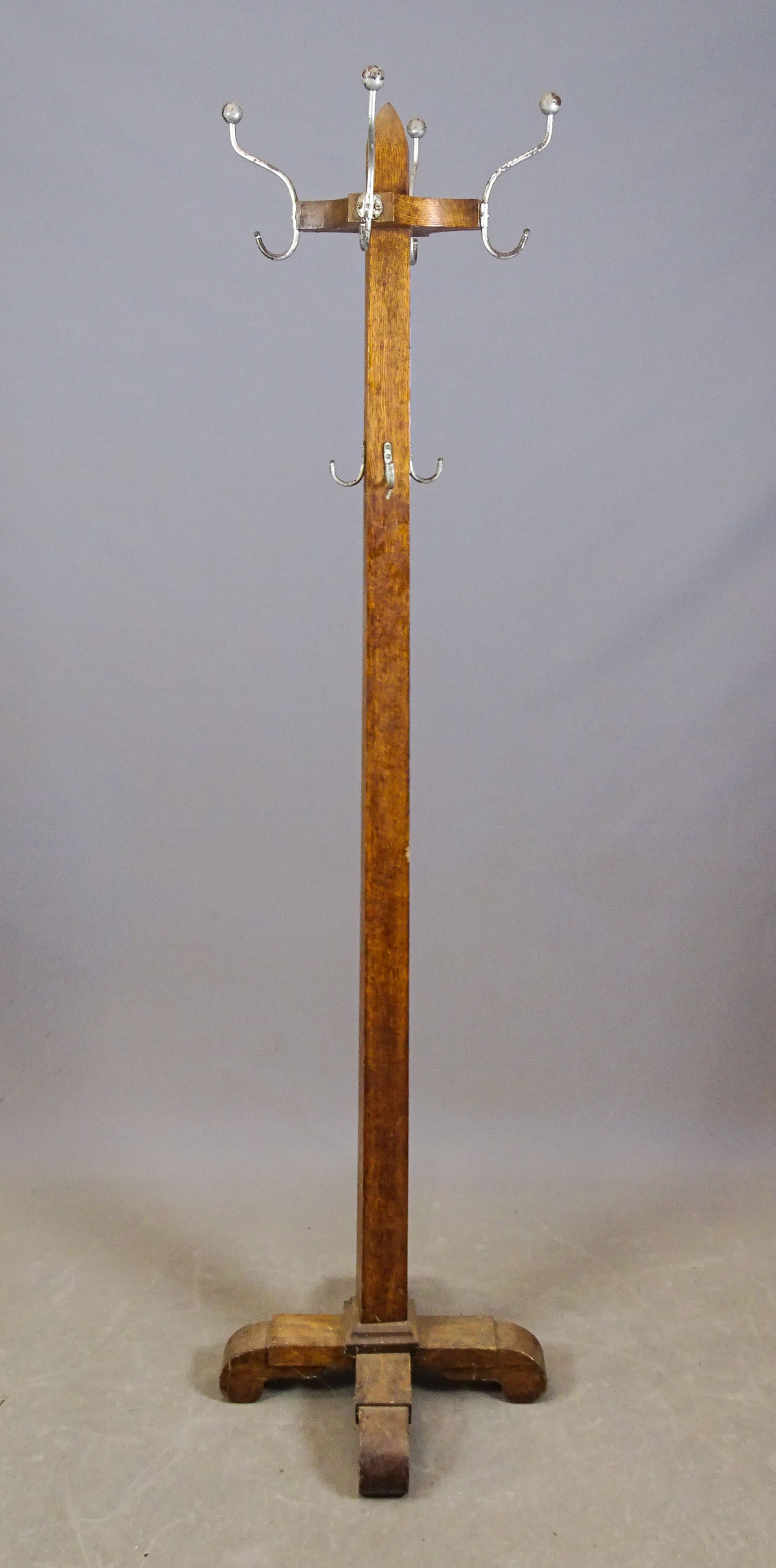 Arts & Crafts Period Hat Rack: Arts & Crafts period oak hat rack. 71" Ht.. Sits a bit unevenly.