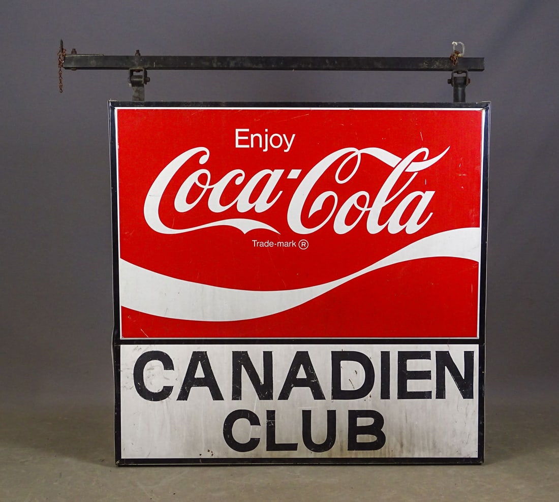 Coca Cola Sign: Large two sided metal Coca Cola "CANADIEN CLUB" sign. 46" x 8" x 42" Ht..