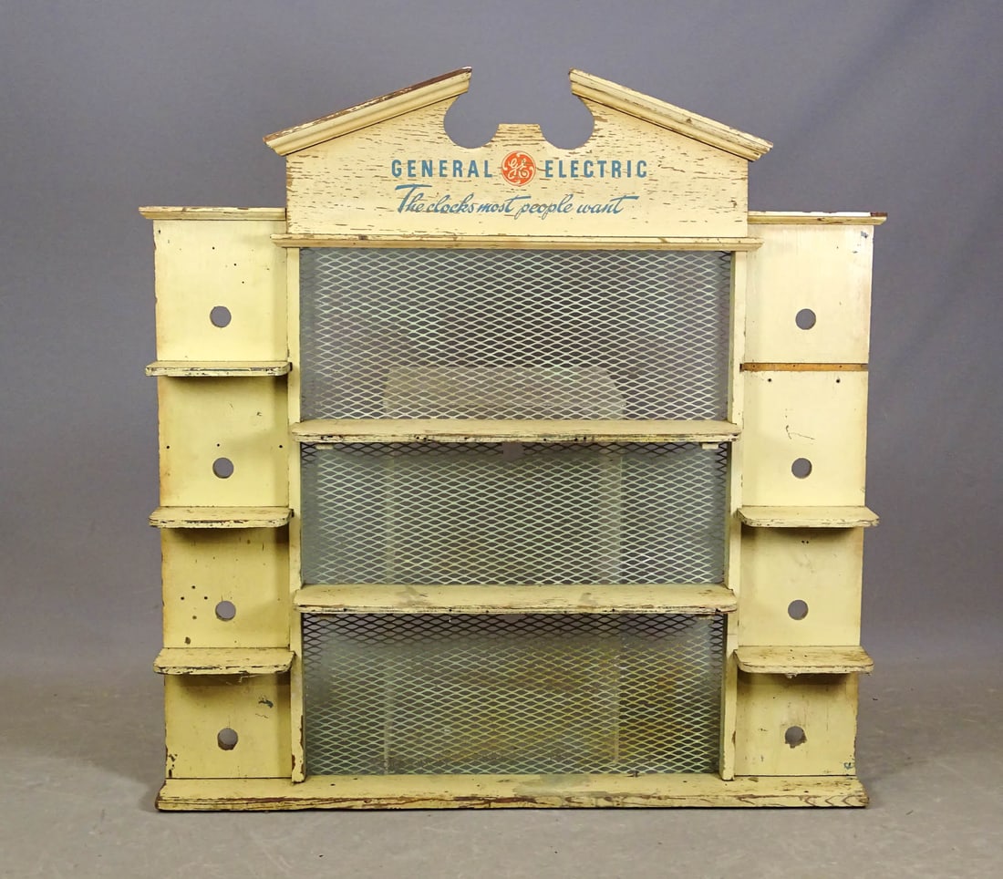 Vintage Trade Sign: Vintage wooden General Electric shelf / trade sign. 47" x 6 1/2" x 49 1/2" Ht..