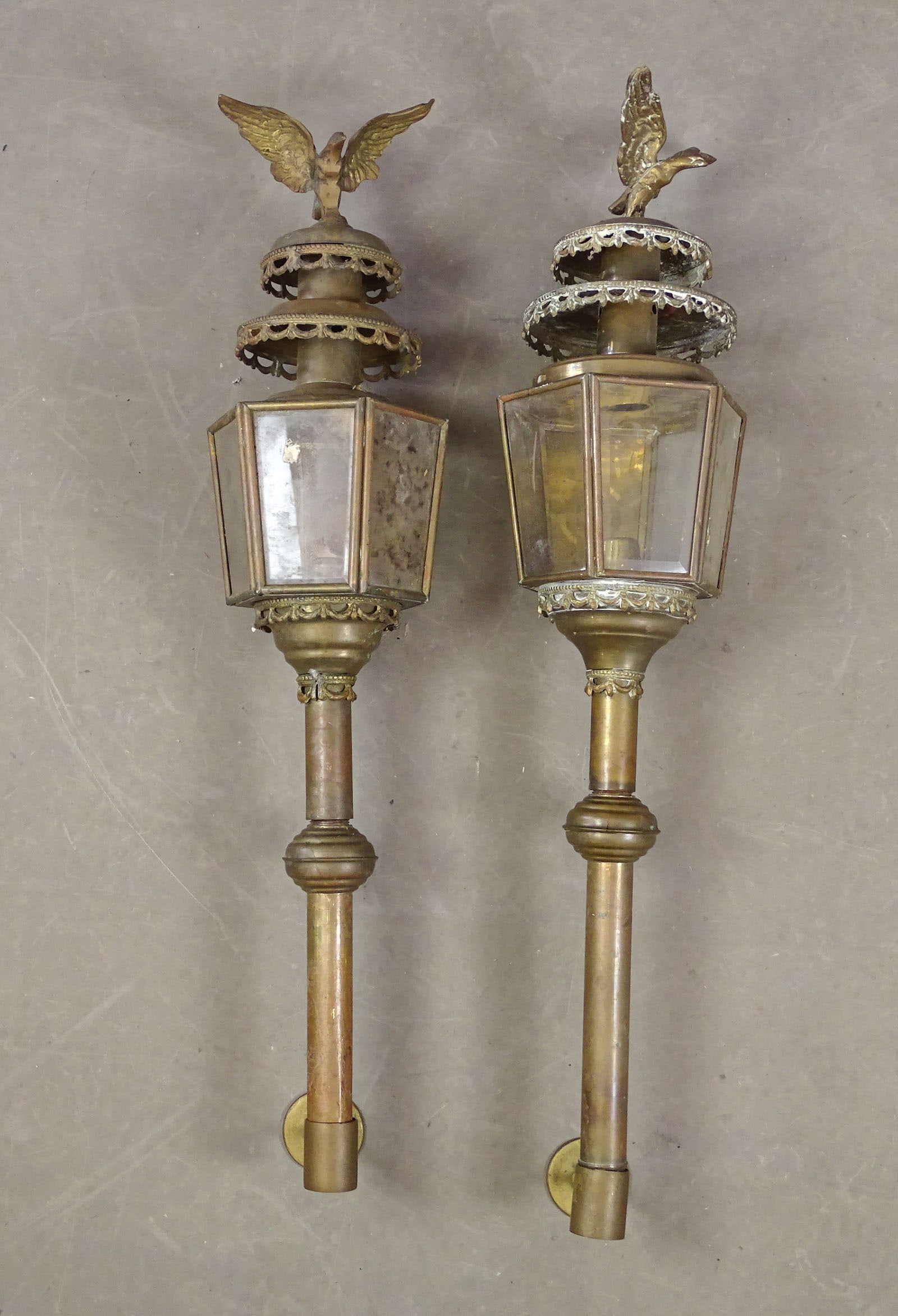Pair Brass Lamps: Pair of brass lamps with eagle finials. 36" L..