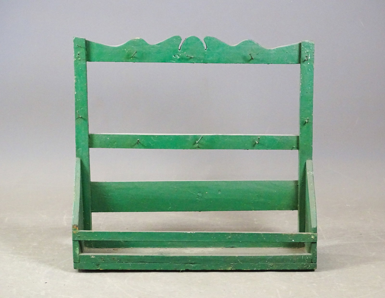 19th c. Wall Rack: 19th c. wall rack in old green paint. 29" x 7" x 27" Ht..