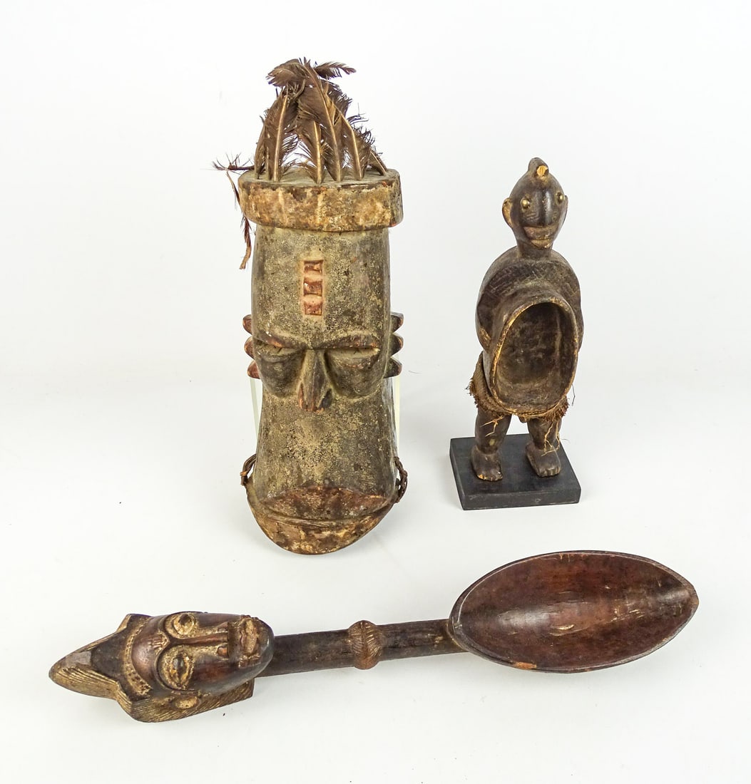 African Lot: Lot of African carvings including: Mask (13" Ht.), Boule ceremonial spoon (17" L.), figure (13" Ht.).