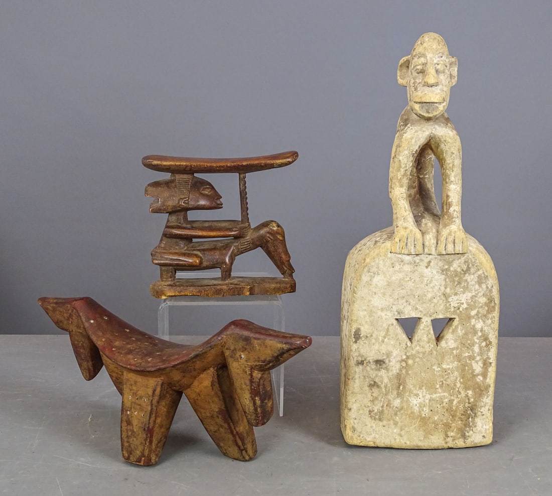 African Lot: African lot including: Dinka head-rest (18" W., 6" Ht.), mask (19" L.), Lobi head-rest (8" W., 7" Ht.).