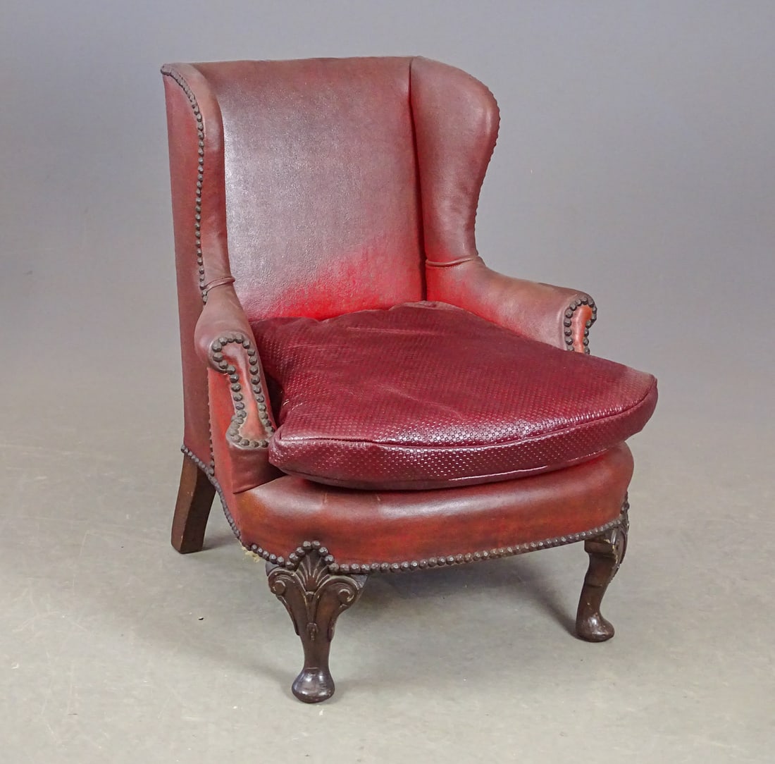 Chippendale Style Wing Chair: Early Chippendale style child's wing chair, leather upholstery (as found). 14" seat ht., 26" ht.