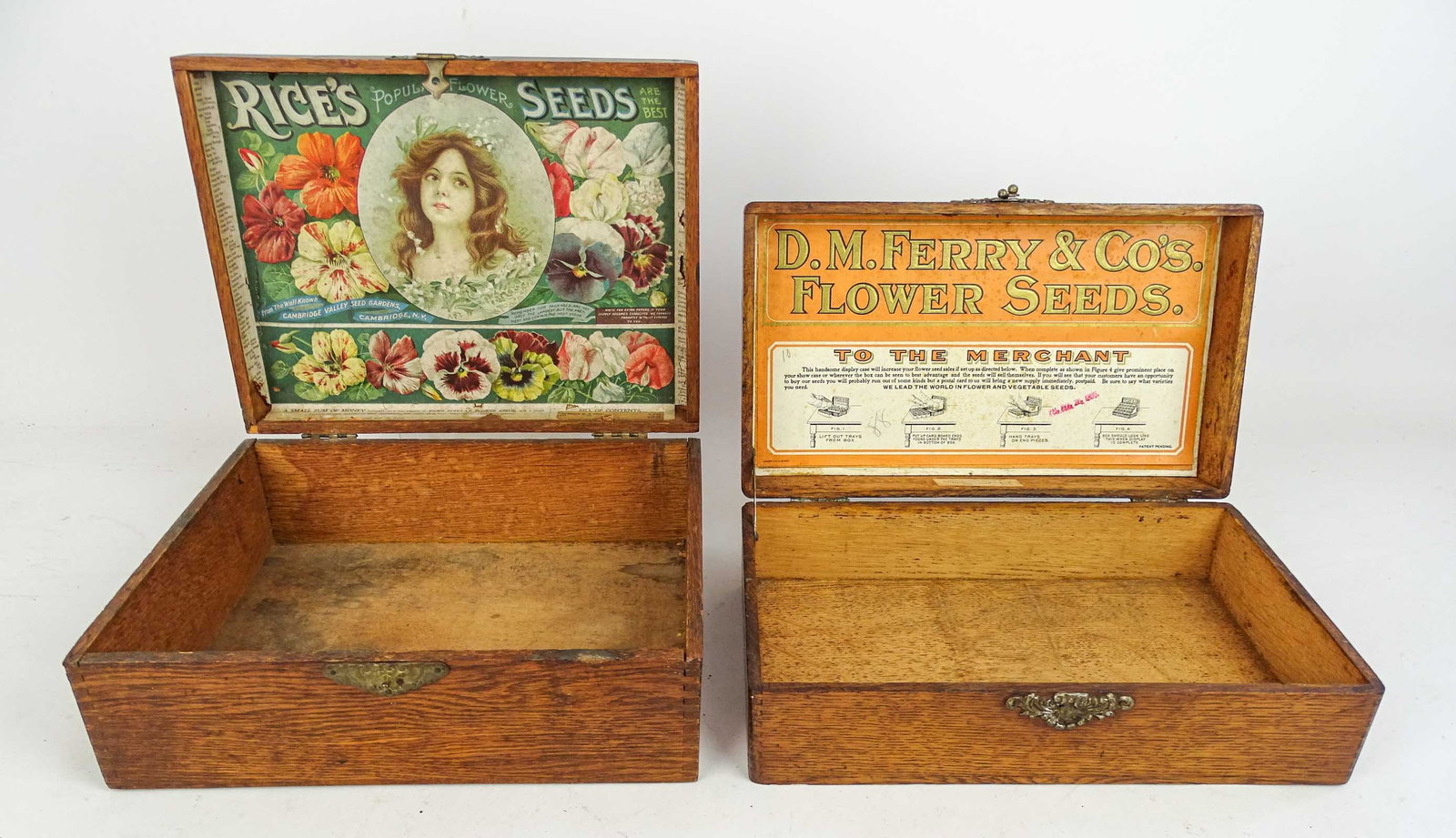 Two Early Seed Boxes: Lot (2) early wooden seed boxes. Each with interior labels. 11" x 8 1/2" x 4 1/2", the other 11 1/2" x 7" x 4".