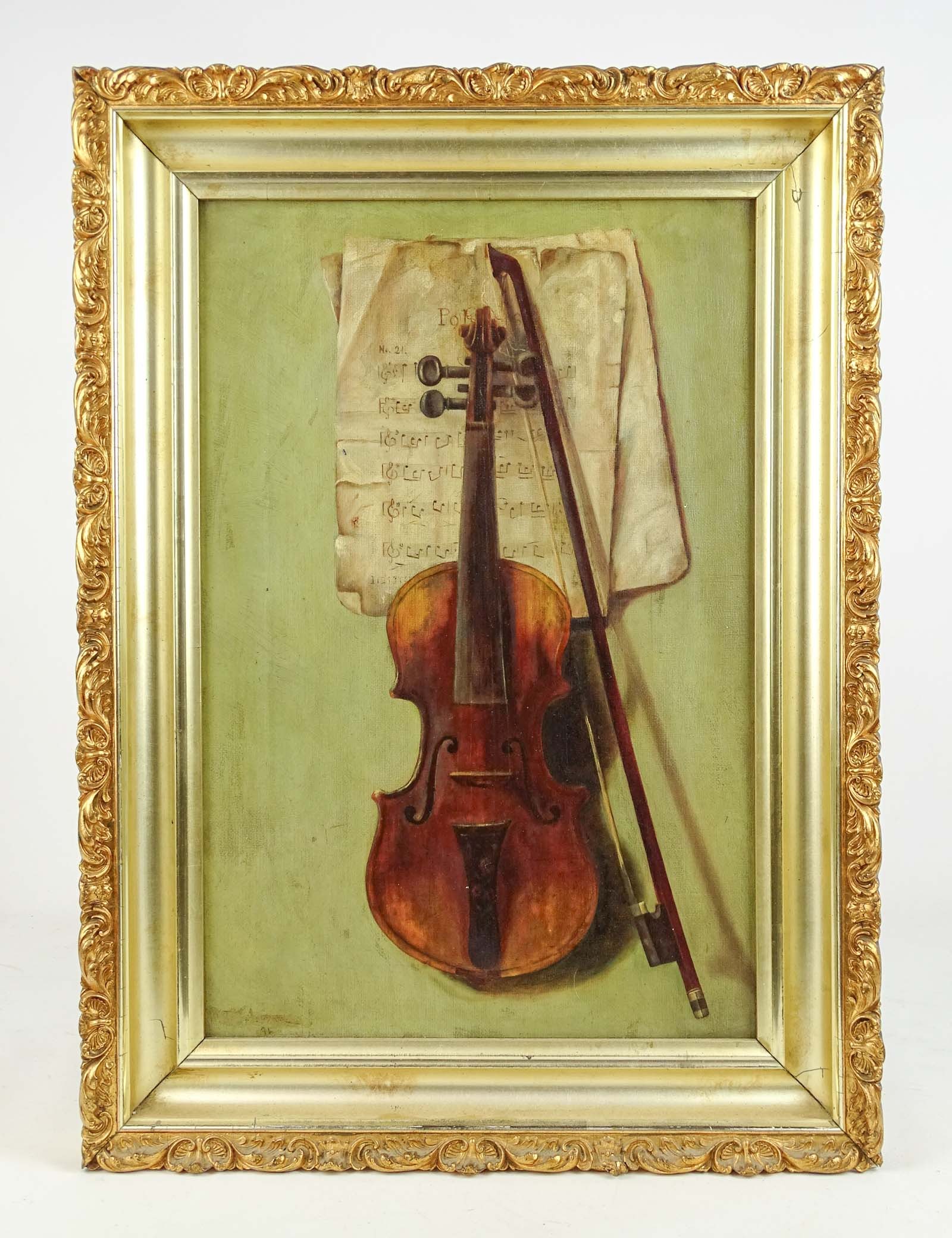 19th c. Painting of a Violin: Painting: 19th c. Violin with music. Oil on canvas. Overall in frame 22" x 16".