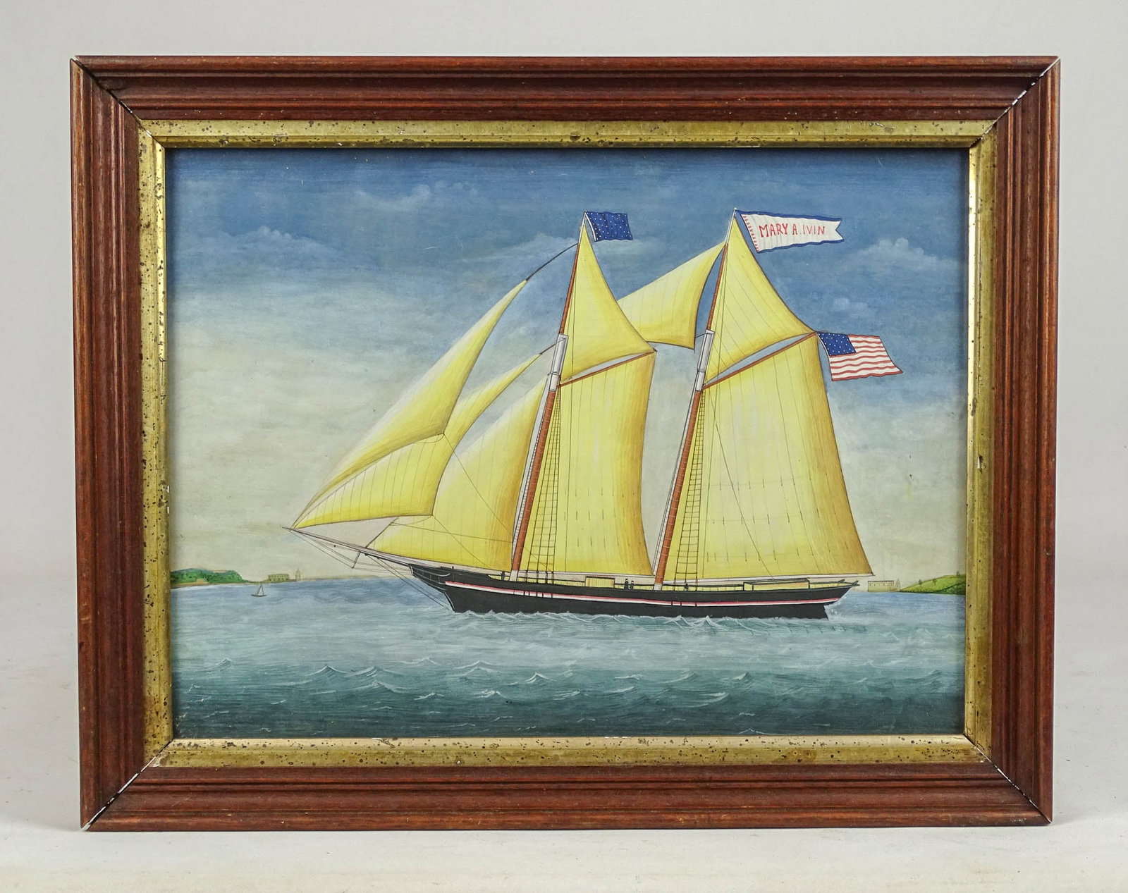 Painting: "MARY A. IVIN" Sailboat: Painting: "MARY A. IVIN", sailboat. Written verso "Smith Brothers Gouache Clipper Ship Mary A. Ivin". Overall in frame 12 1/2" x 16".