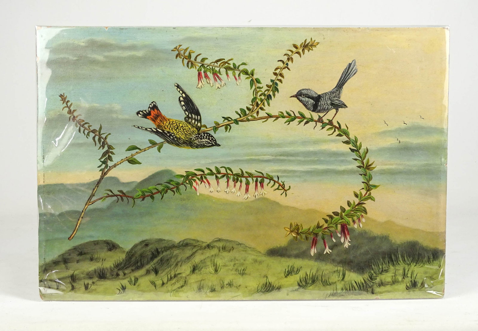 Painting: 19th c. Birds in Landscape: Painting: 19th c. birds in landscape. Unframed. Oil on artist board. 12 1/2" x 18 1/2".