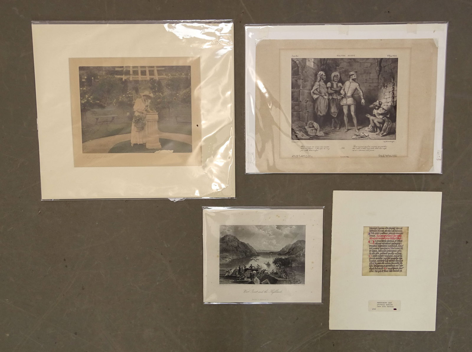Artwork Lot: Lot (4) pieces of artwork including: 19th c. print "Walter Scott" (overall in mat 10 1/2" x 14 1/2"), hand colored photograph "The Sun Dial" (Moran). Overall in mat 14" x 14 1/2", West Point print,