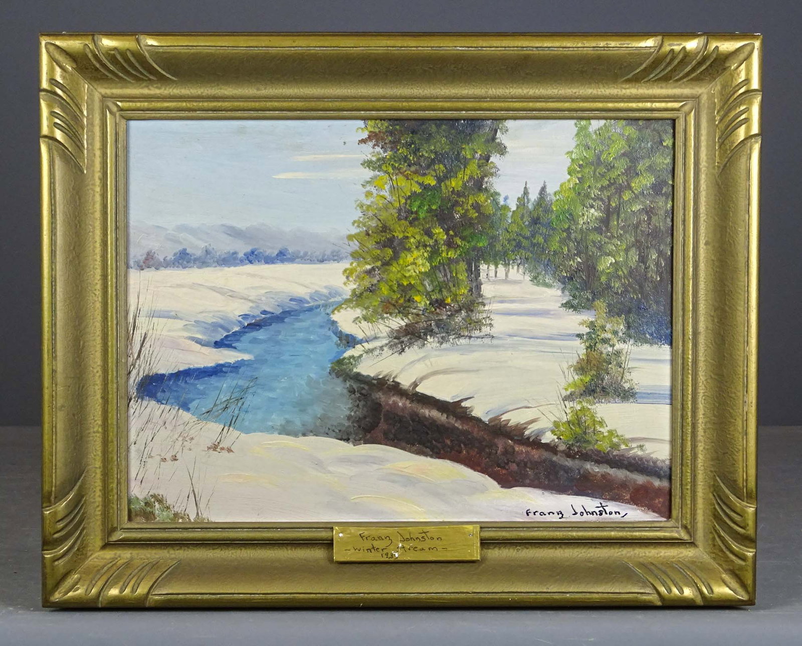 After Franz Johnston (1888-1949): Painting: After Franz Johnston (1888-1949), landscape, oil on panel. Overall in frame 16" x 20".