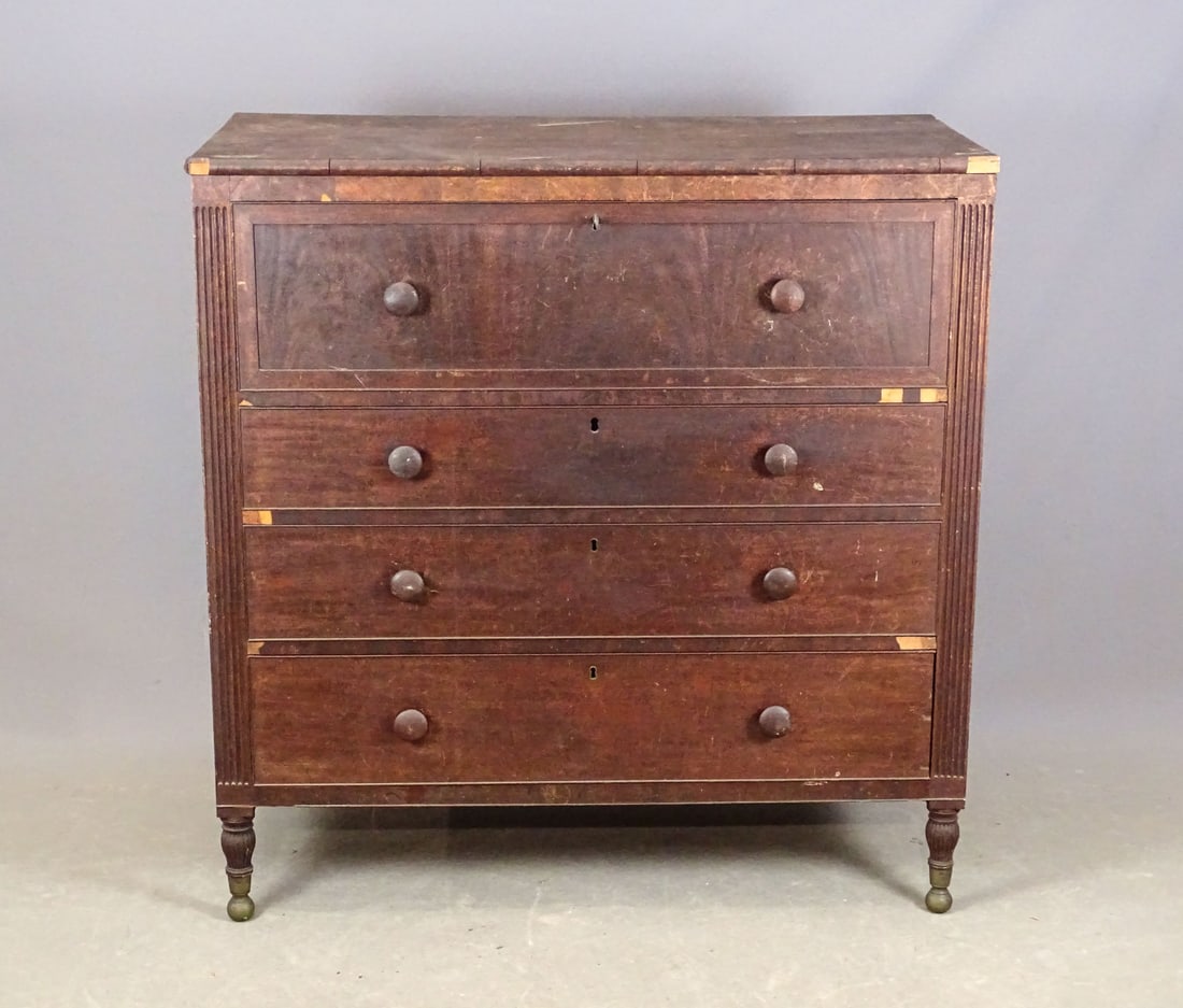 19th c. Sheraton Bureau: 19th c. Sheraton mahogany bureau. 46" x 23" x 48". As is.