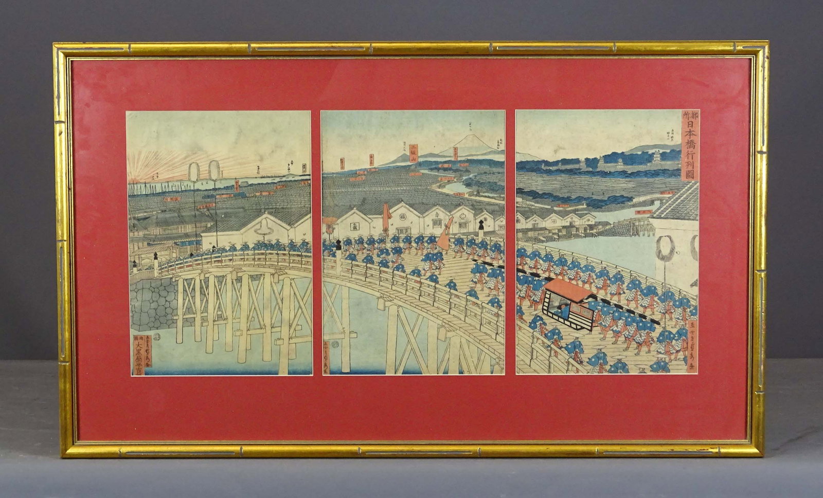 Japanese Tryptich Woodblock Prints: Framed Edo period Japanese woodblock prints (tryptcich). Overall in frame 21" x 34 1/2".