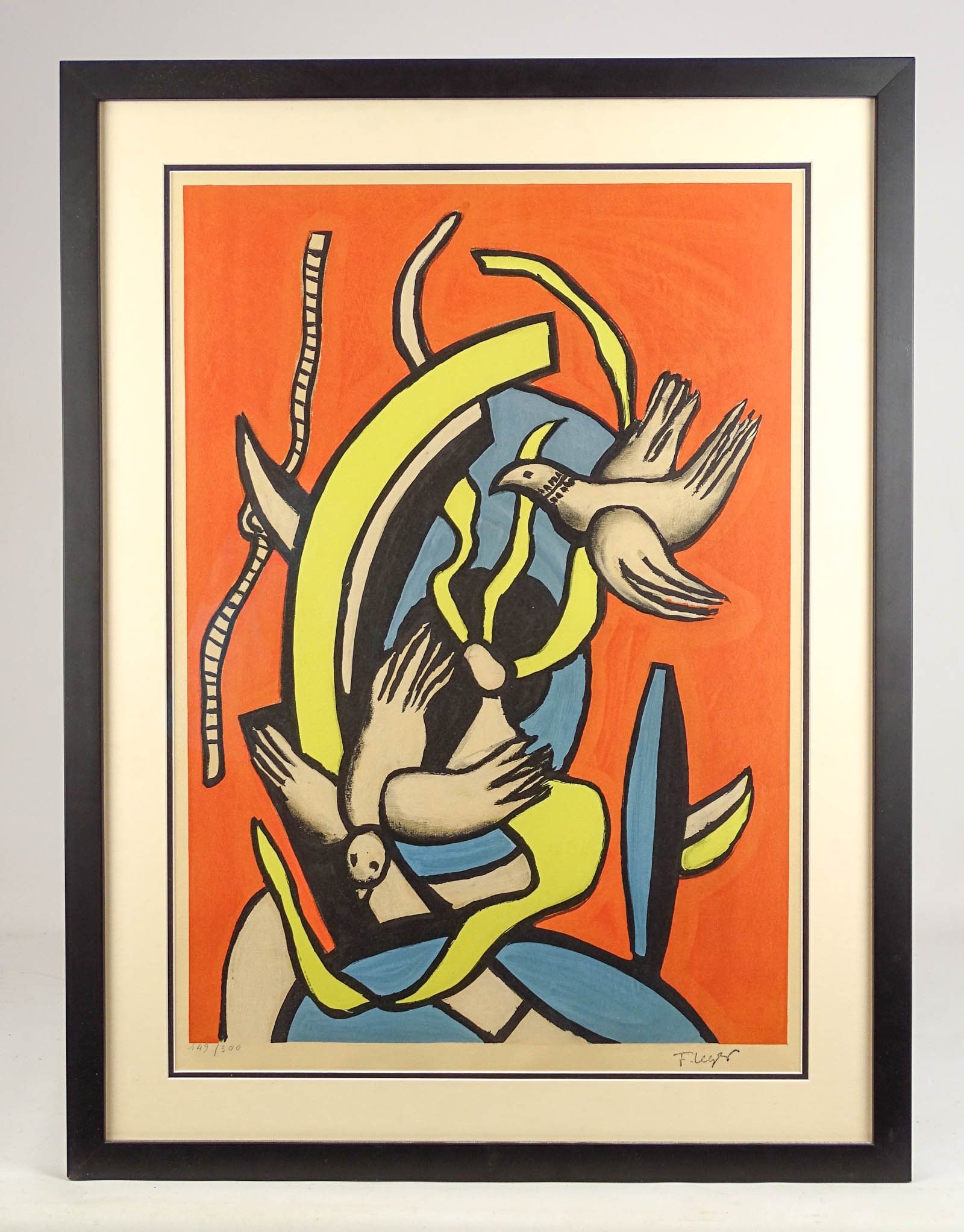 Fernand Leger (1881-1955): Fernand Leger (1881-1955), lithograph "Composition aux Deaux Oiseaux". Signed and numbered 149/300. Overall in frame 29" x 22".