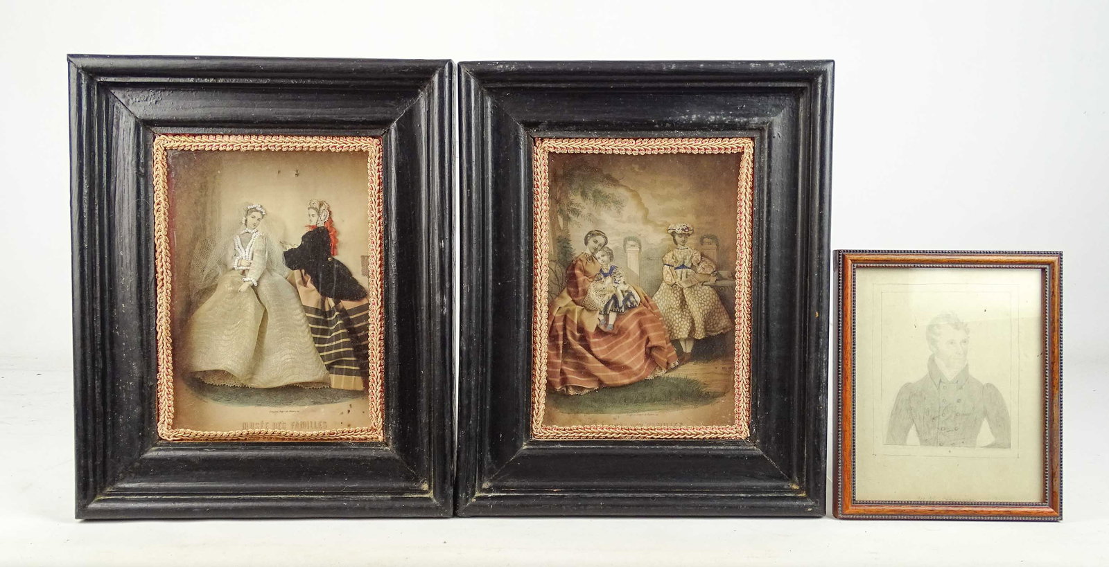 Artwork Lot: Artwork lot including: 19th c. graphite drawing of William H. Harrison (overall in frame 8" x 6"), (2) shadow box frames with fashionable women (overall 11" x 13" x 2 1/2").