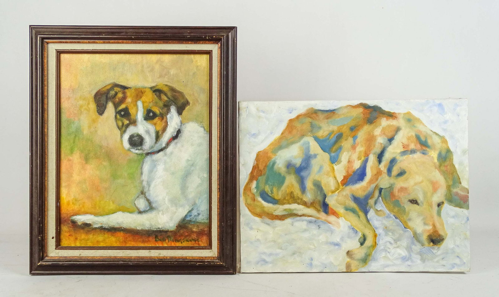 Two Original Dog Paintings: Lot (2) original dog paintings. Oil on canvas. One unframed. Largest overall 18" x 14 1/2".