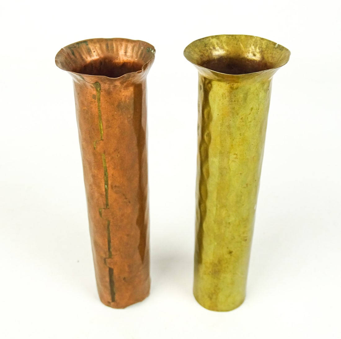 WWI Shell Art Vases: Pair of WWI brass and copper shell bud vases. 6" Ht..