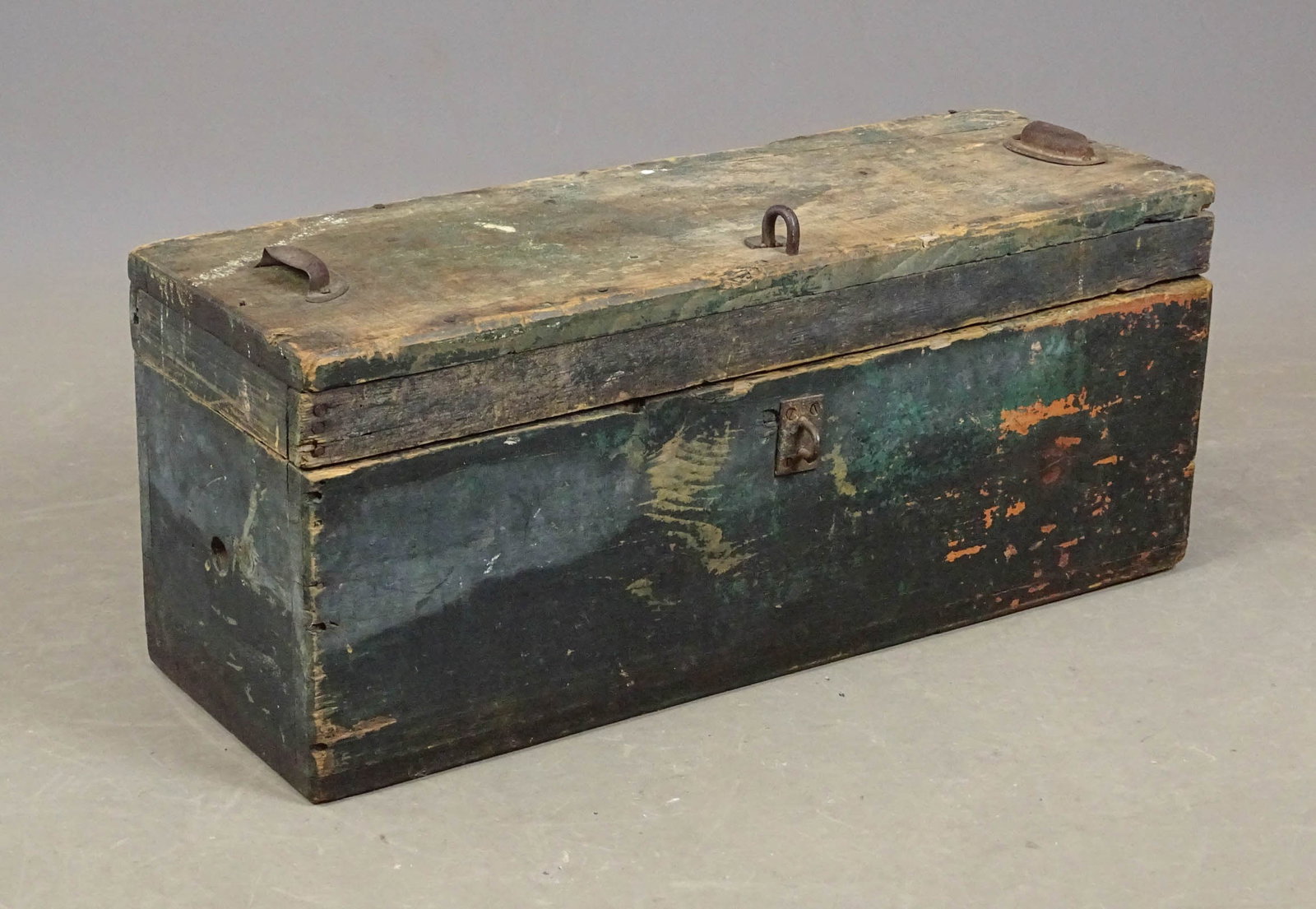 Early Toolbox: Early painted toobox with iron handles and interior compartment. 28 1/2" x 10" x 12" Ht..
