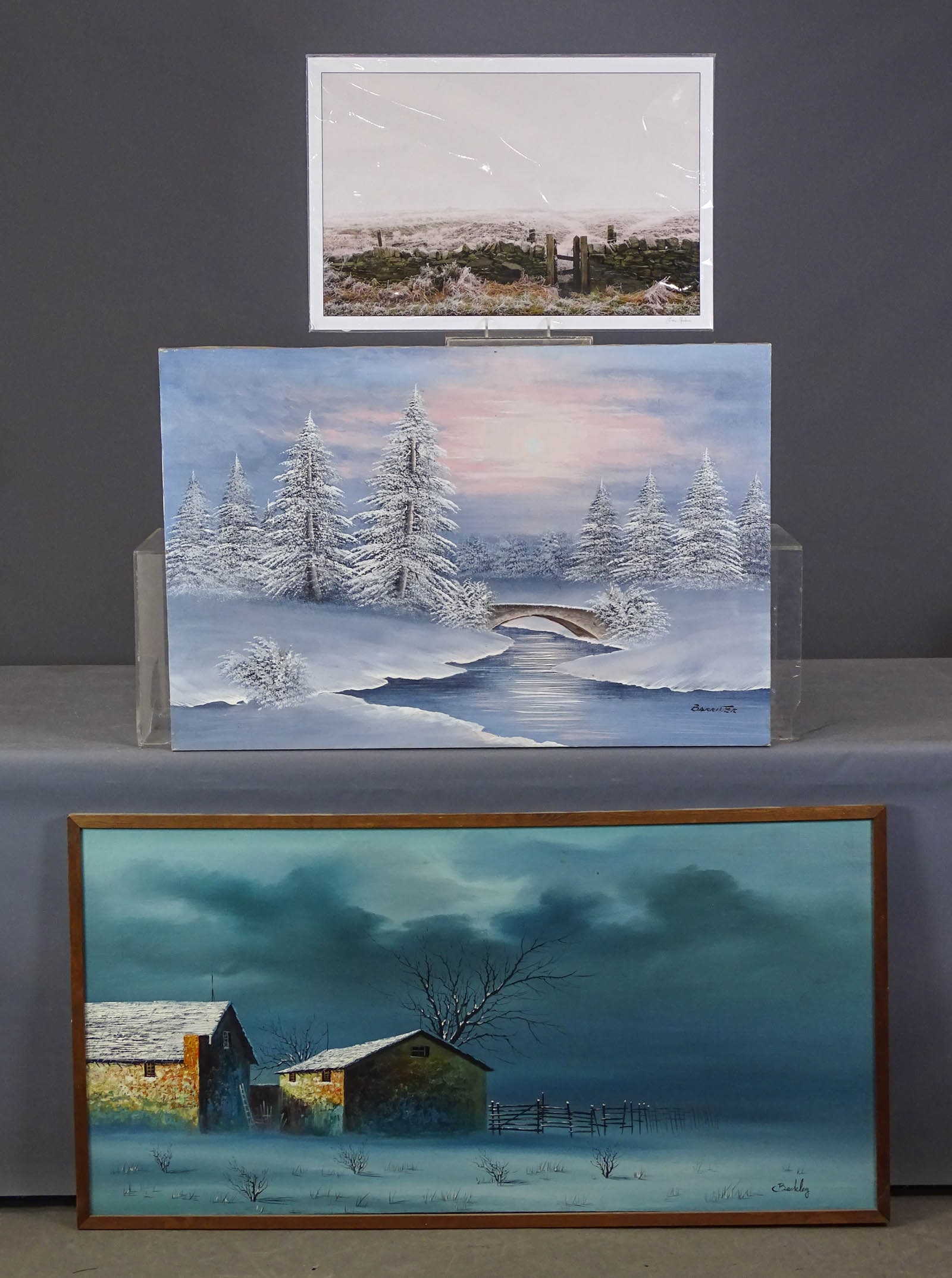 Artwork Lot: Lot (3) pieces of artwork including: Landscape, oil on canvas, signed "Beckley" (overall 25" x 49 1/2"), print signed June Haslam (overall 16 1/2" x 24"), painting, winter landscape, oil on canvas,