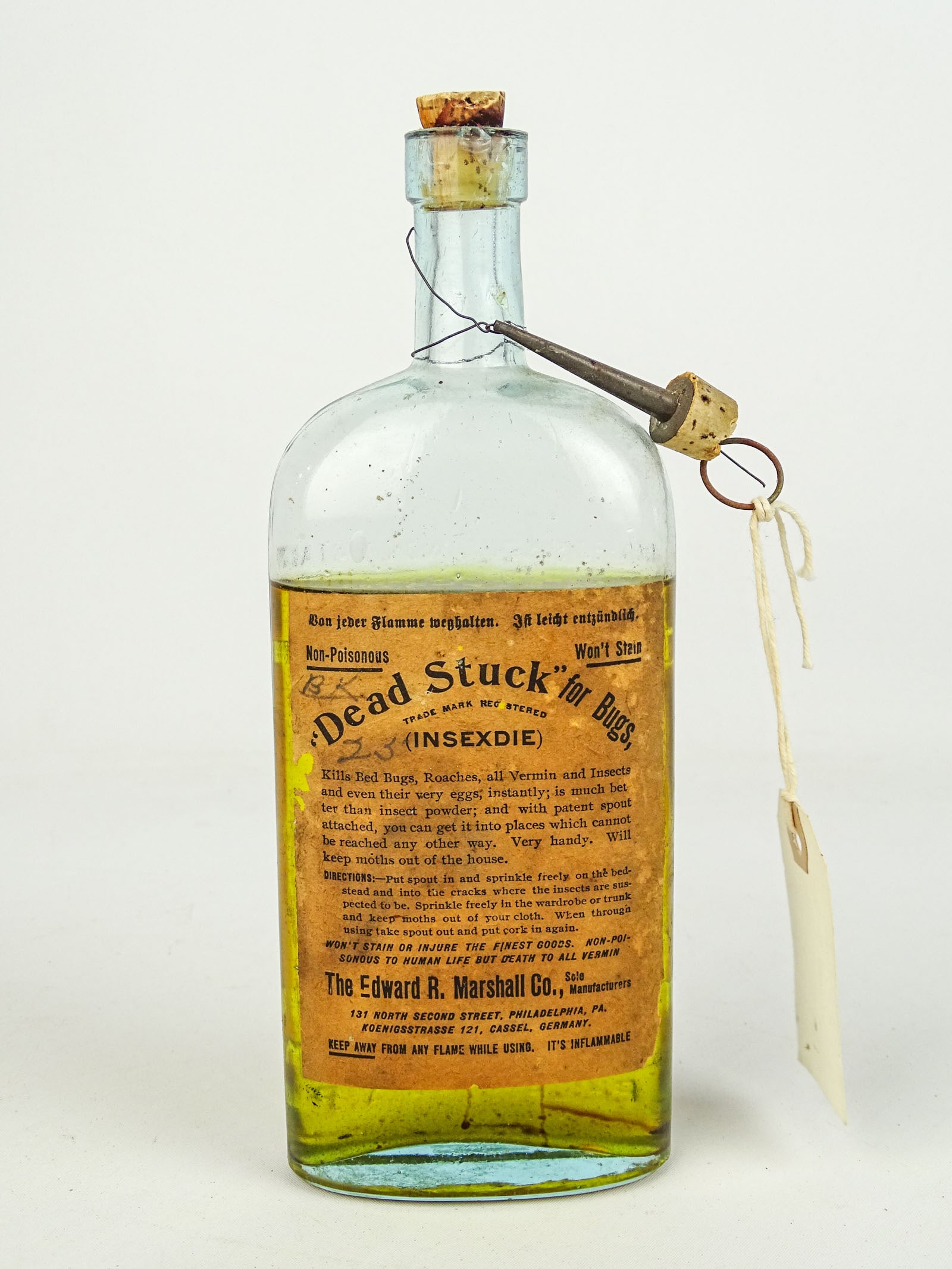 Vintage Bottle: Vintage "DEAD STUCK…" bottle with contents. 9 1/2" Ht..