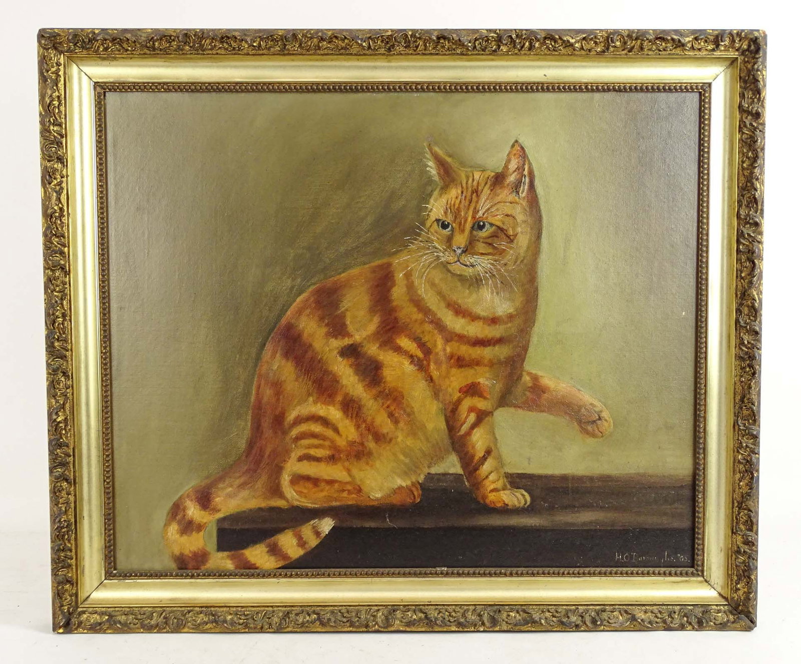 Painting: Portrait of a Cat: Painting: Portrait of a cat. Oil on canvas. Signed LRC. Overall in frame 22" x 26".