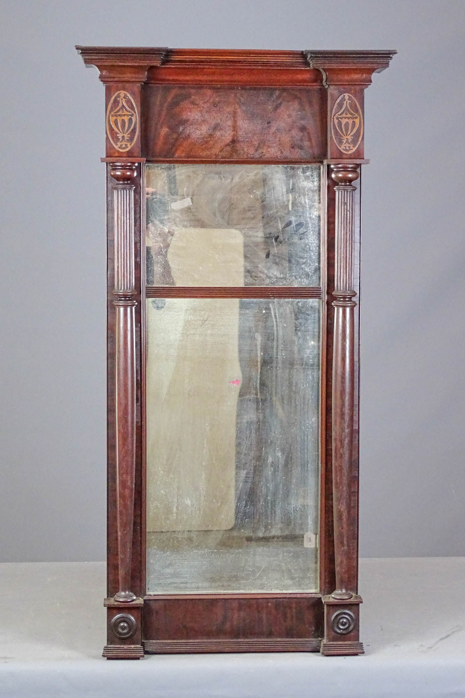 19th c. Labeled New York Federal Mirror: 19th c. labeled New York Federal mahogany split panel mirror. 22" x 44 1/2". Labeled "ELIAS THOMAS…".