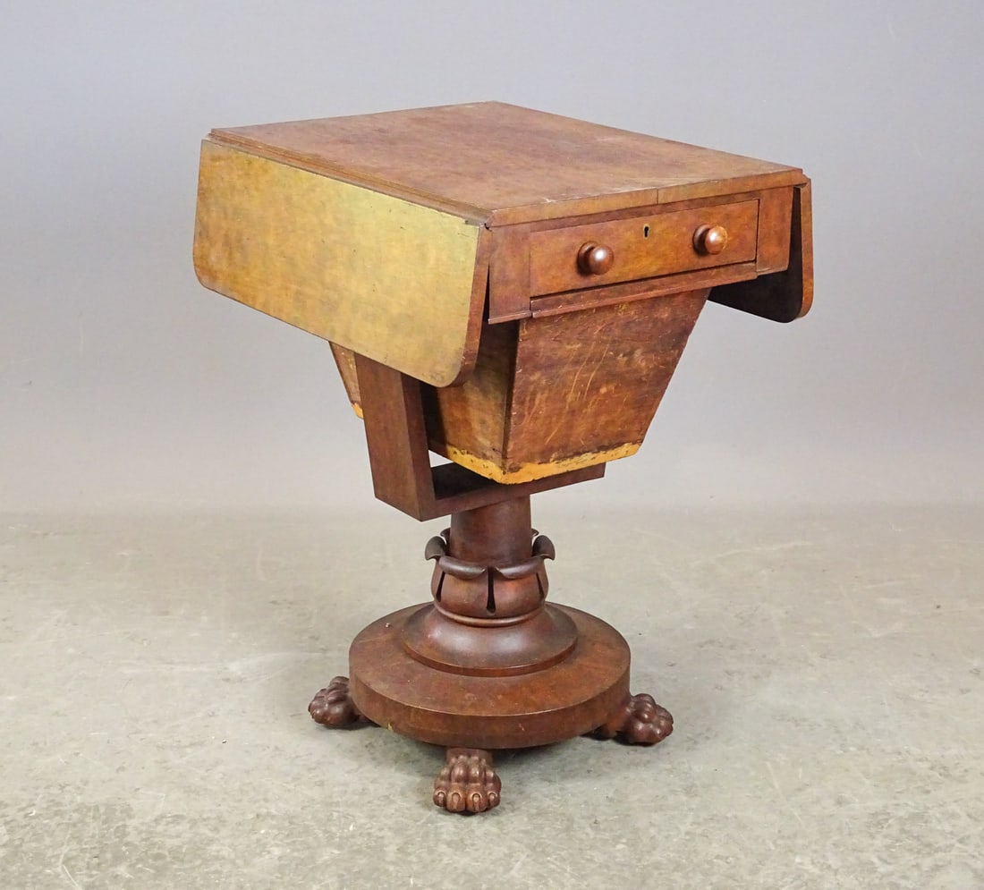 19th c. Classical Sewing Stand: 19th c. Classical mahogany droleaf sewing stand. 17" x 23" with (7) leaves, 30" Ht..