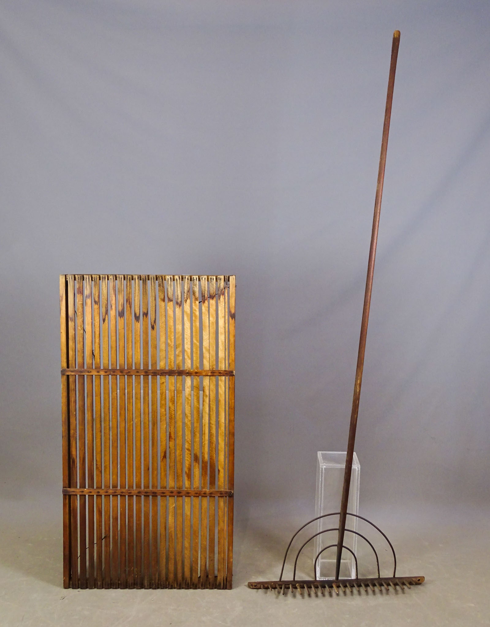 Primtive Rake Lot: Lot including tall primitive wooden rake (83" Ht.), and wooden tray (26" x 48 1/2").
