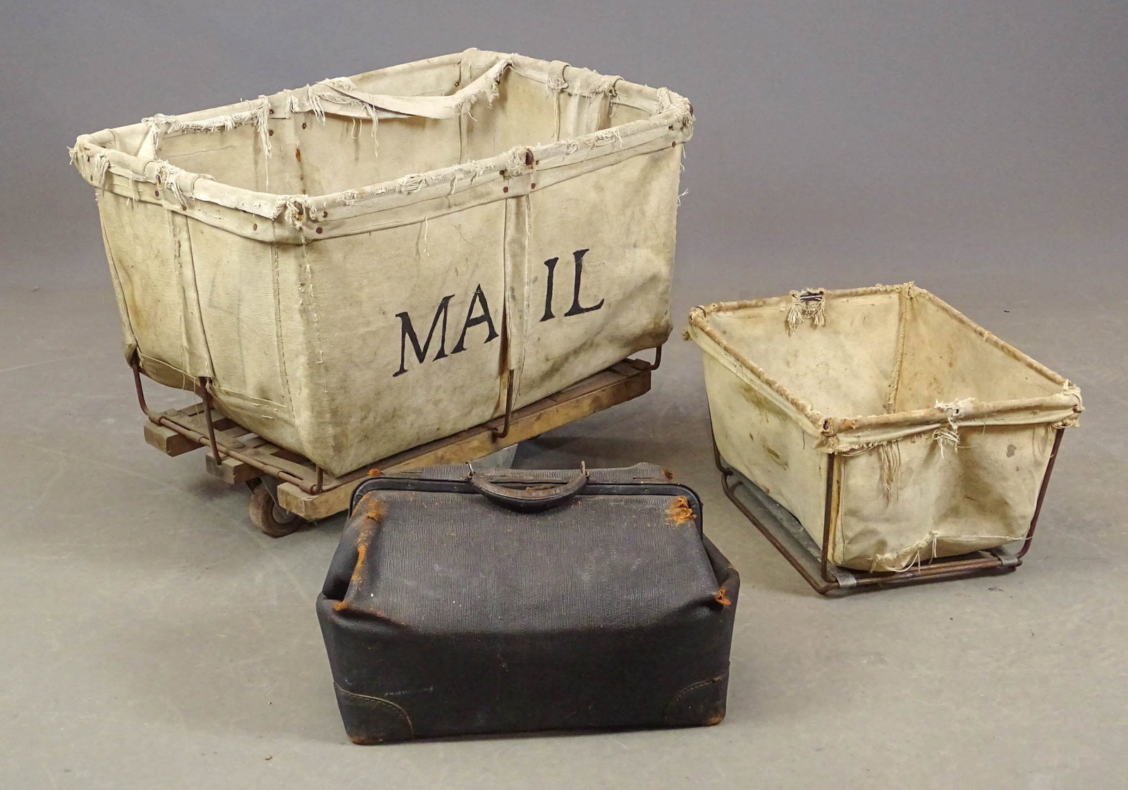 Industrial Mail Cart: Industrial Mail cart. 33" x 20 1/2" x 24" Ht., along with smaller cart and doctors bag.
