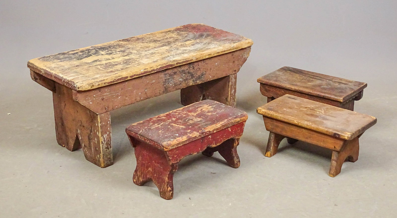 Bootjack Bench & Stools: Lot including bootjack bench (28" x 11 1/2" x 12"), and (3) stools.