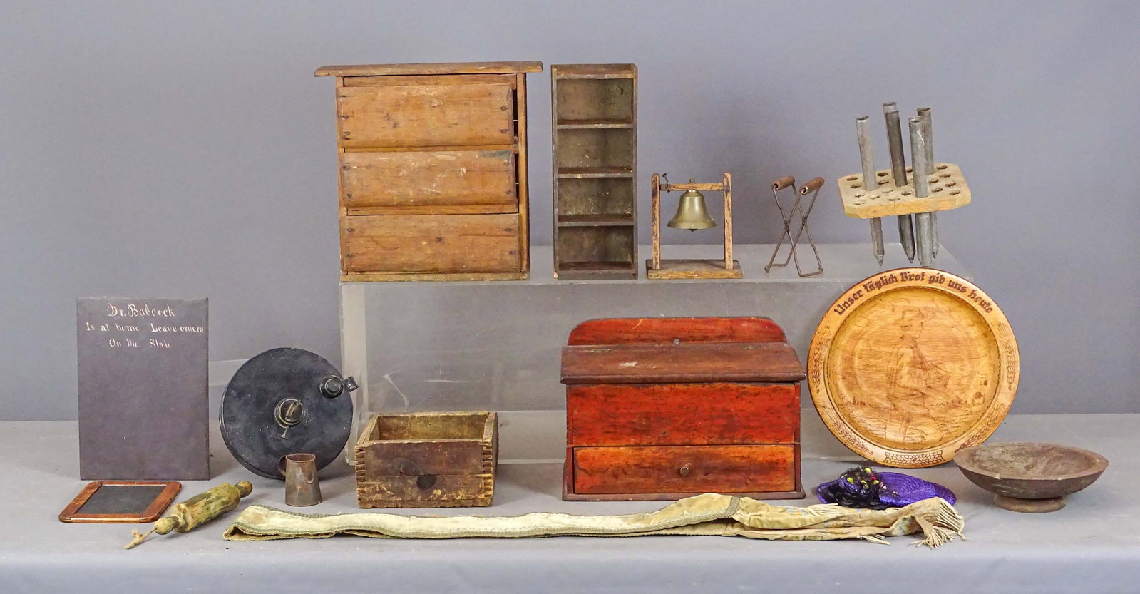 Misc. Lot: Misc. lot including: Masonic scarf, vintage hat, wooden shelf, bell, candle mold parts, tin lamp, square box, wooden plates, (3) drawer box (15" x 5" x 15), single drawer lift top box (15" x 8" x 10")