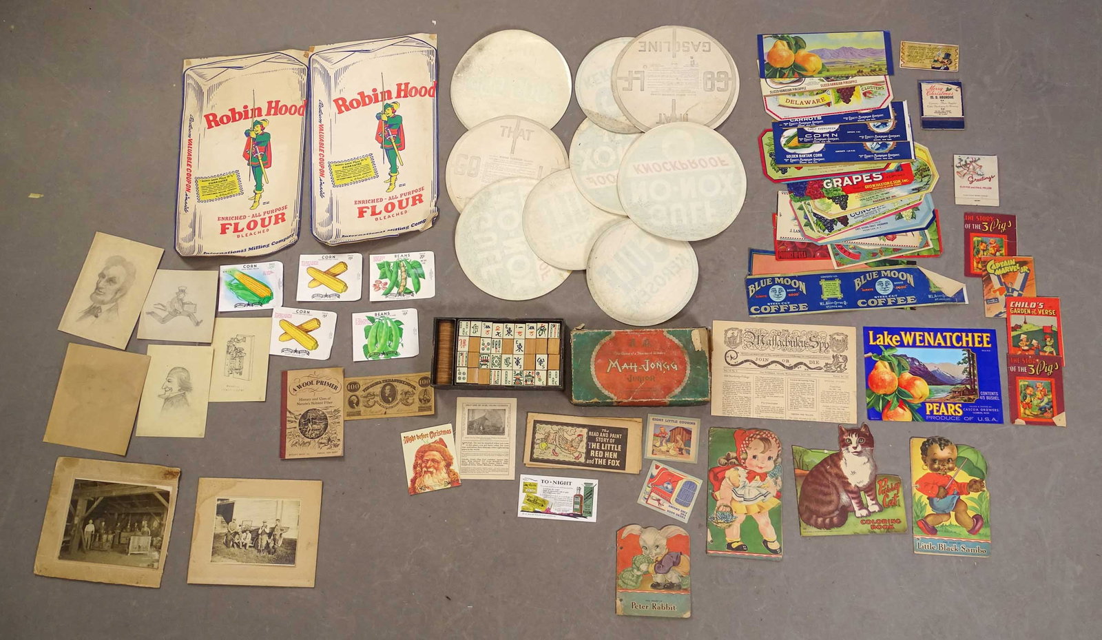 Ephemera Lot: Lot of misc. ephemera including: Christmas, original art, fiber, Mah Jong game, seed packets, crate labels, flour label etc..