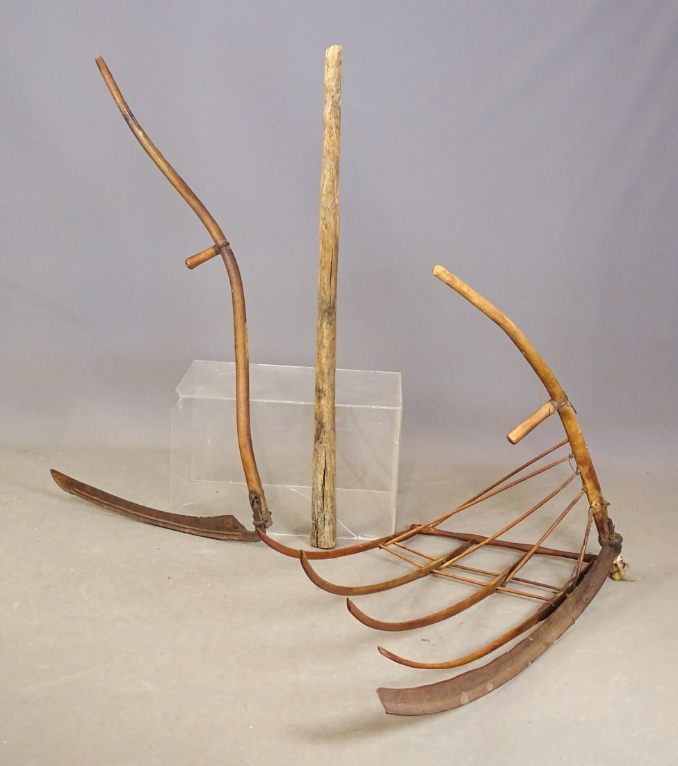 Farm Tools: Lot (2) large Scythes and wooden pole.