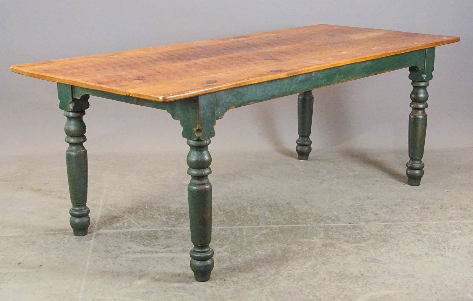 Farm Table: Benchmade Canadian farm table. Base in blue paint. 7' x 34 1/2" x 30" Ht..