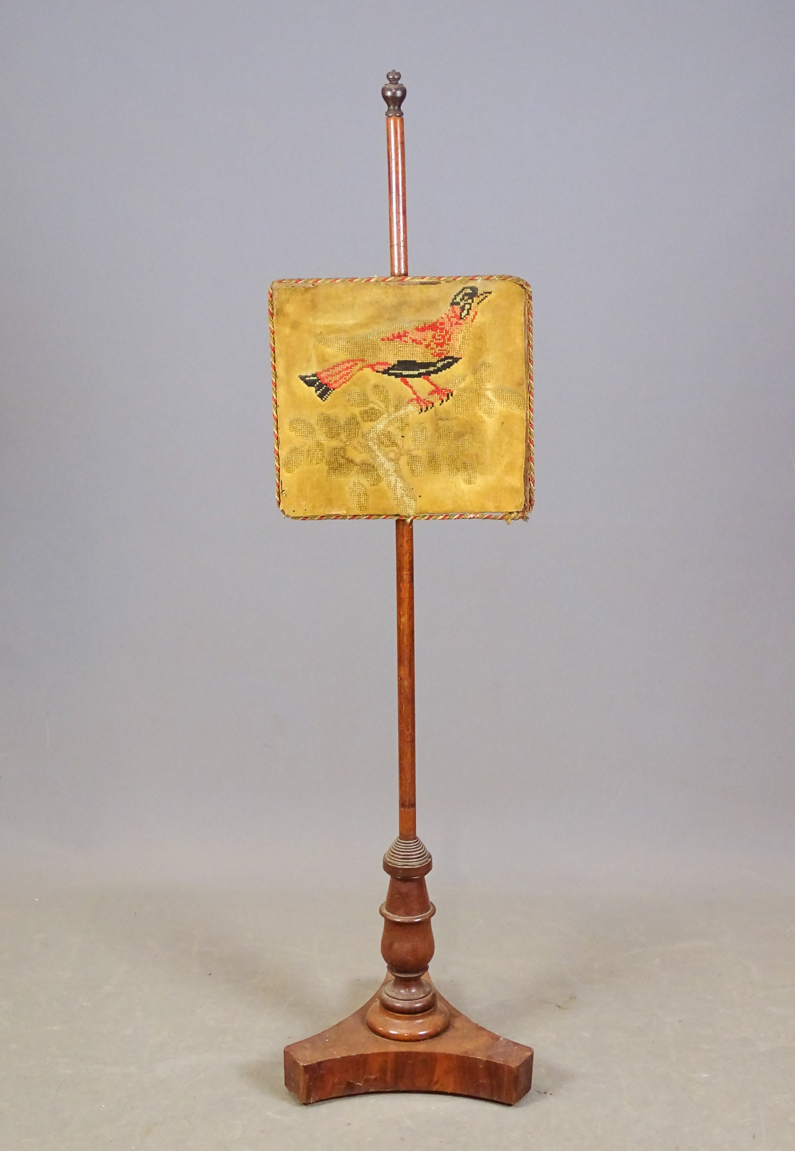 19th c. Empire Pole Screen: 19th c. Empire pole screen with needlepoint tapestry screen. 56 3/4" overall Ht..