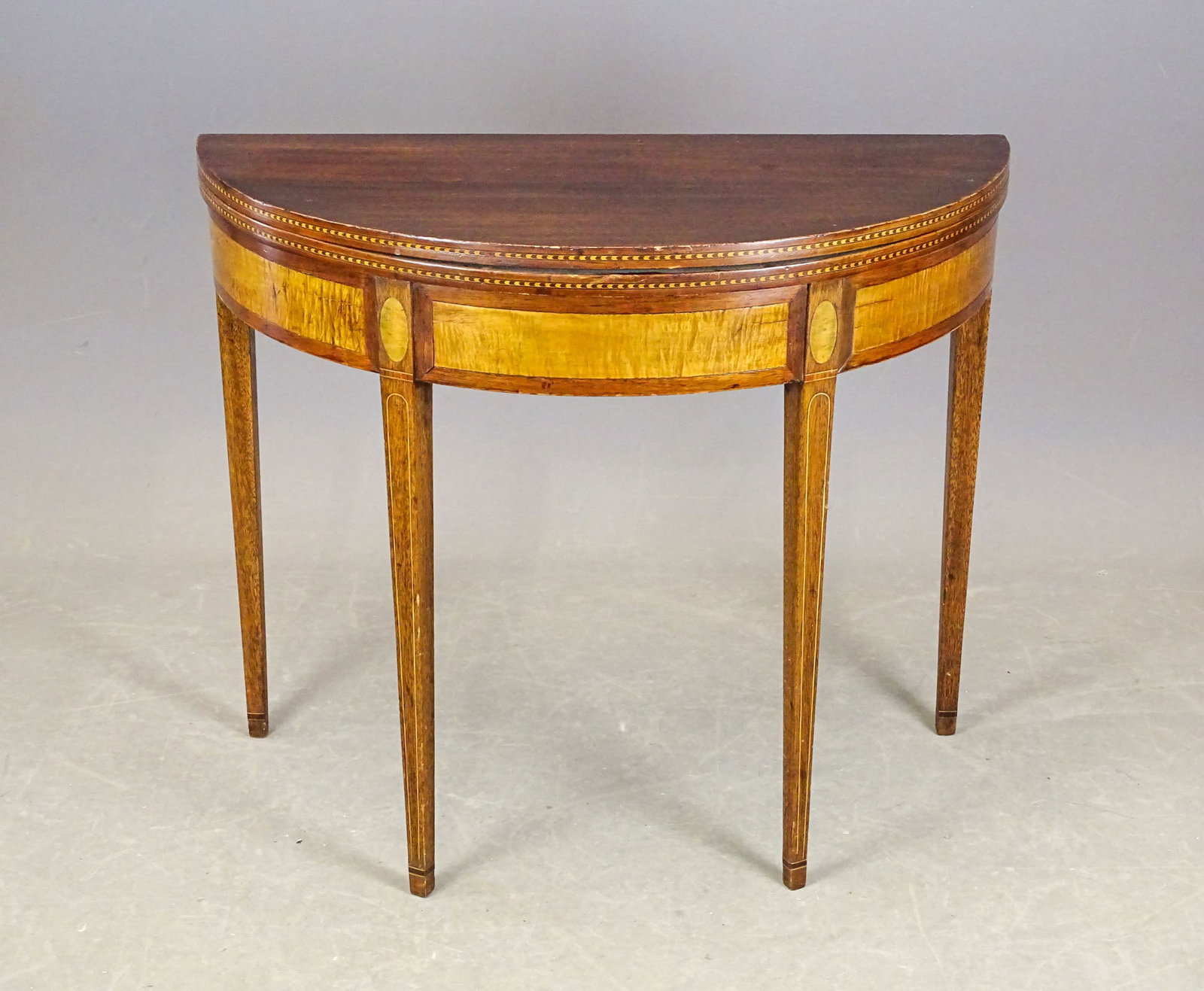 19th c. Card Table: Early 19th c. Hepplewhite walnut inlaid card table. 35" x 16 3/4" x 29 1/2" Ht..