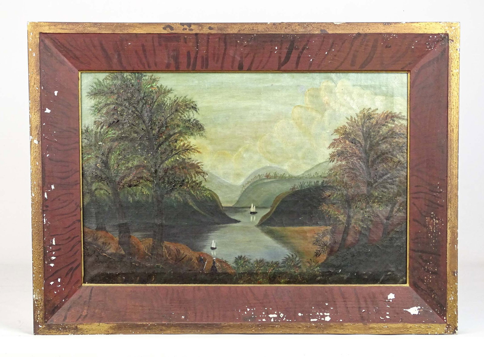 Painting: 19th c. Hudson River School: Painting: 19th c. Hudson River School. Landscape with river and sailing ships. Grain painted frame. 16 1/2" x 22 3/4".